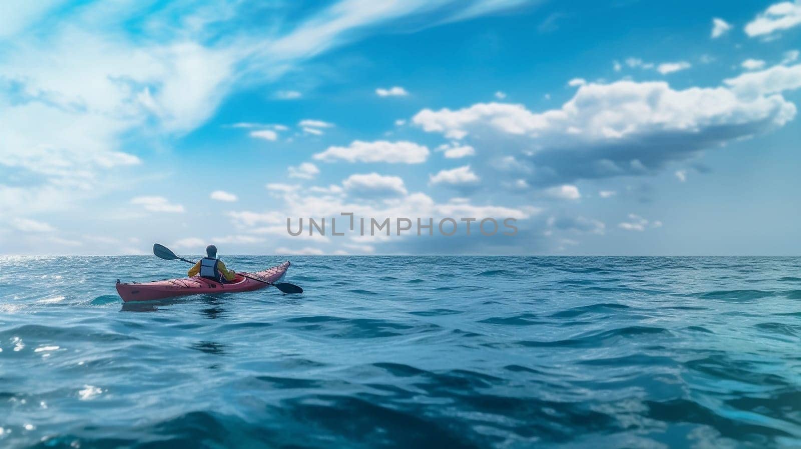 People paddles kayak in the lake or sea with turquoise water. ai generative.