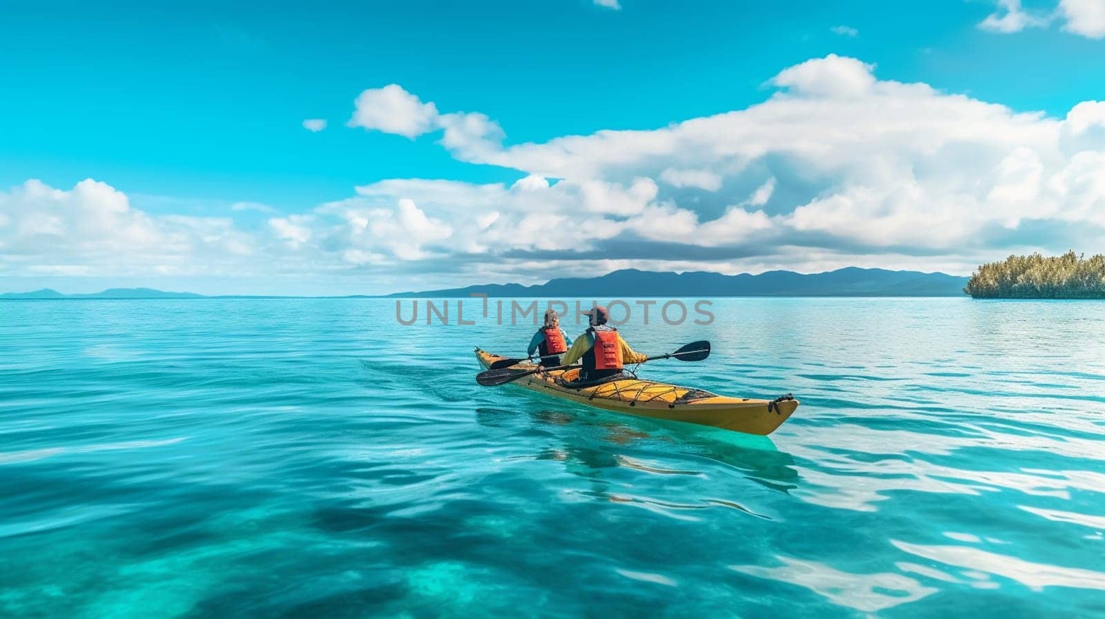 People paddles kayak in the lake or sea with turquoise water. ai generative.