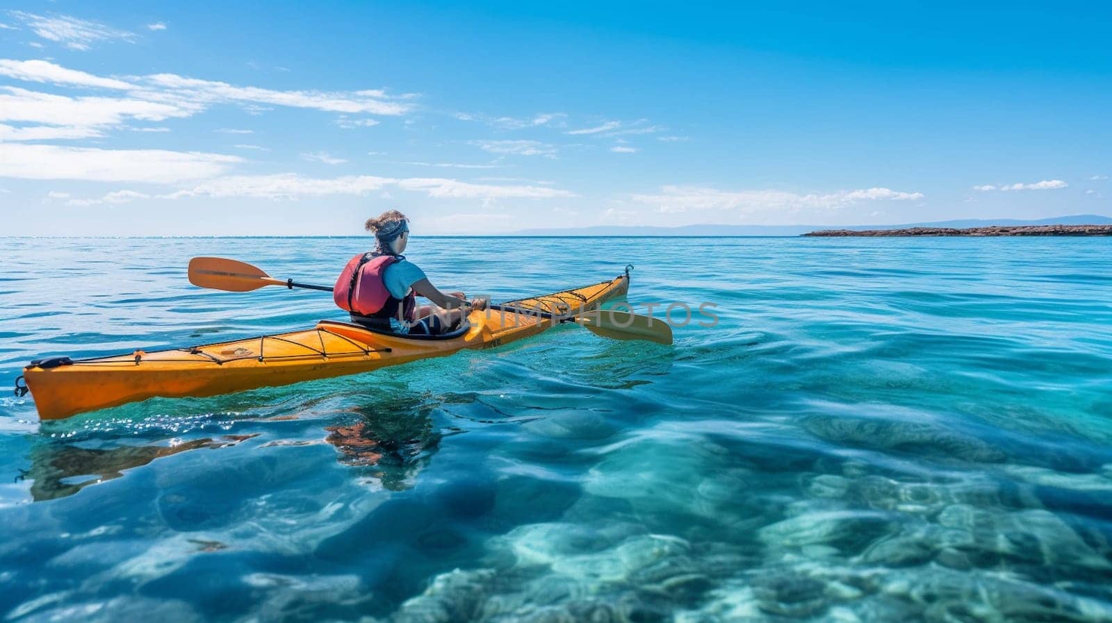 People paddles kayak in the lake or sea with turquoise water. ai generative.