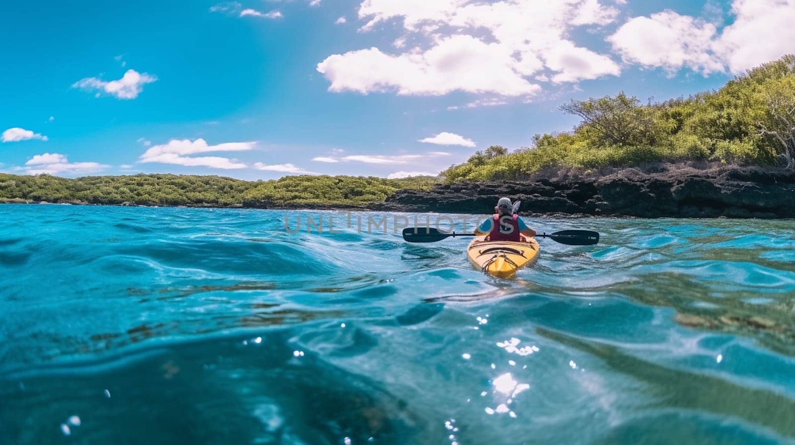 People paddles kayak in the lake or sea with turquoise water. ai generative.