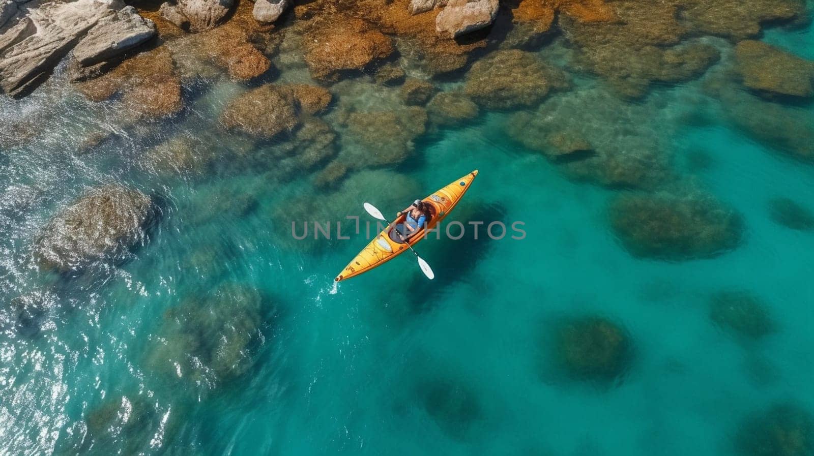 Canoe kayak in infinite clear turquoise blue transparent Sea, aerial drone top view. Summer vacation fun, relax and sport activity. Ai generative.