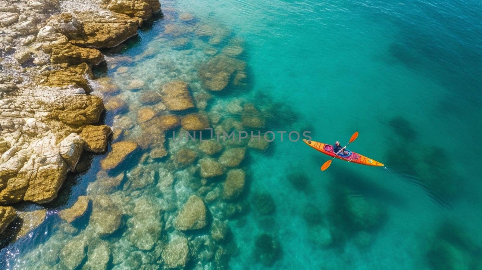 Canoe kayak in infinite clear turquoise blue transparent Sea, aerial drone top view. Summer vacation fun, relax and sport activity. Ai generative.