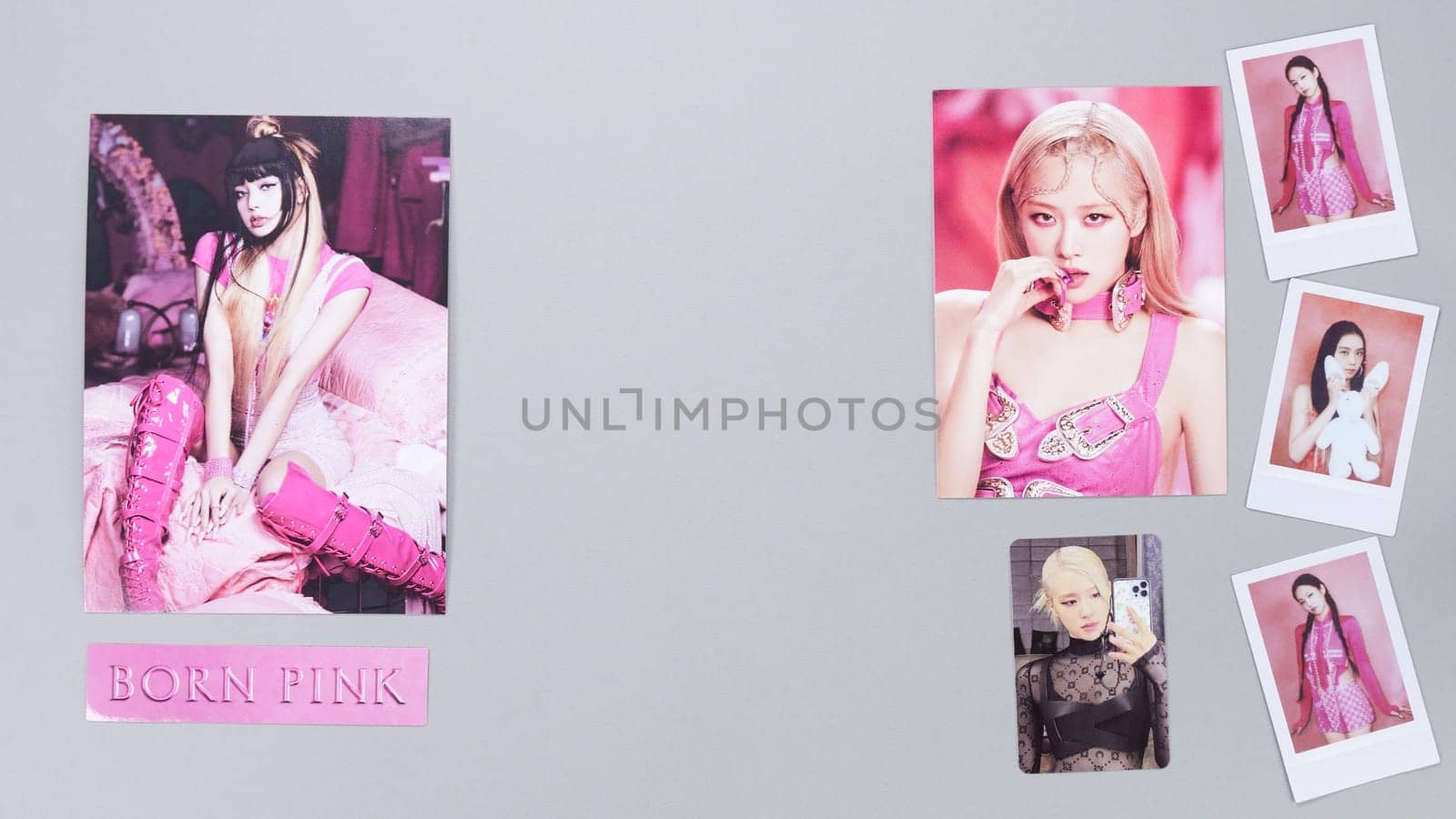 BlackPink BORN PINK 2nd Album Box set with posters cards selfie on grey. Pink CD version. South Korean girl group BlackPink. BlackPink music k-pop. Gatineau, QC Canada - November 10 2022.