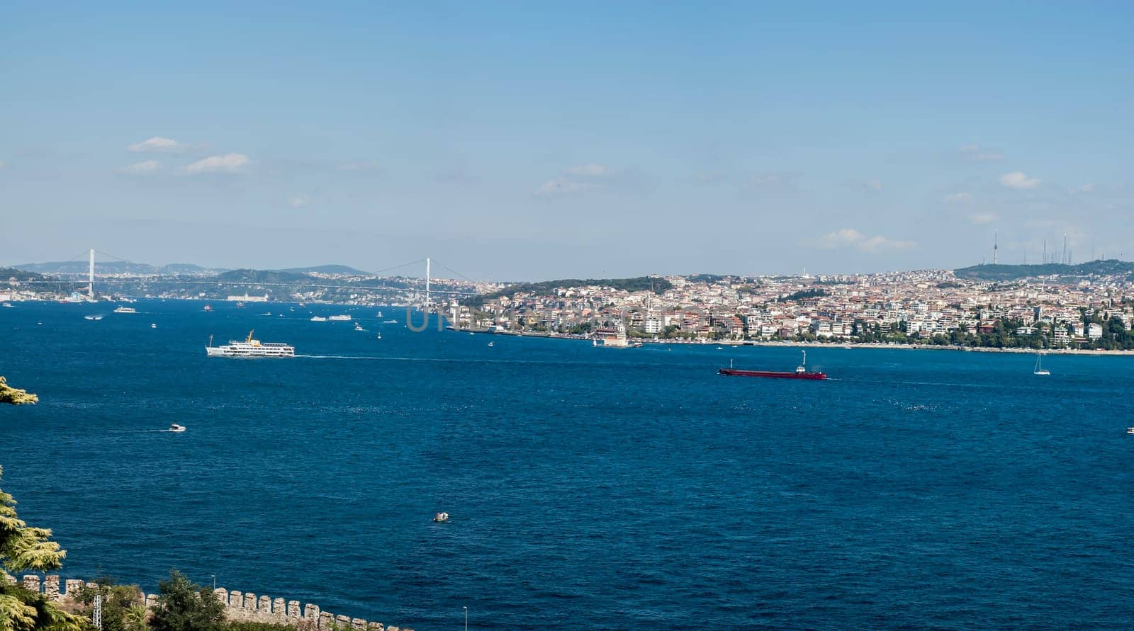 Panoramic view of the Bosphorus. The strait that connects the Black Sea to the Sea of Marmara and marks the boundary between the Europe and the Asia