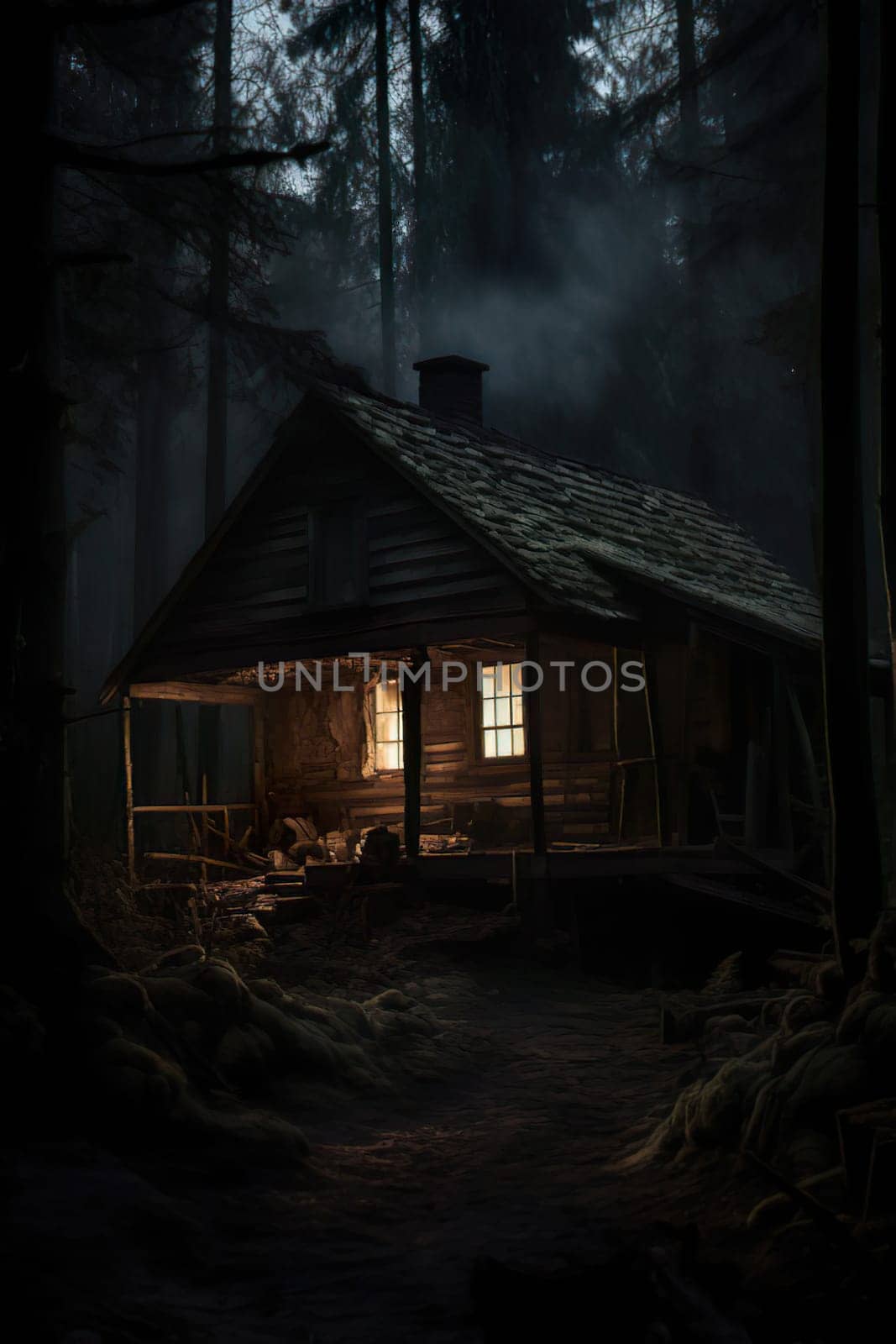 Woodhouse in the woods at night. High quality photo