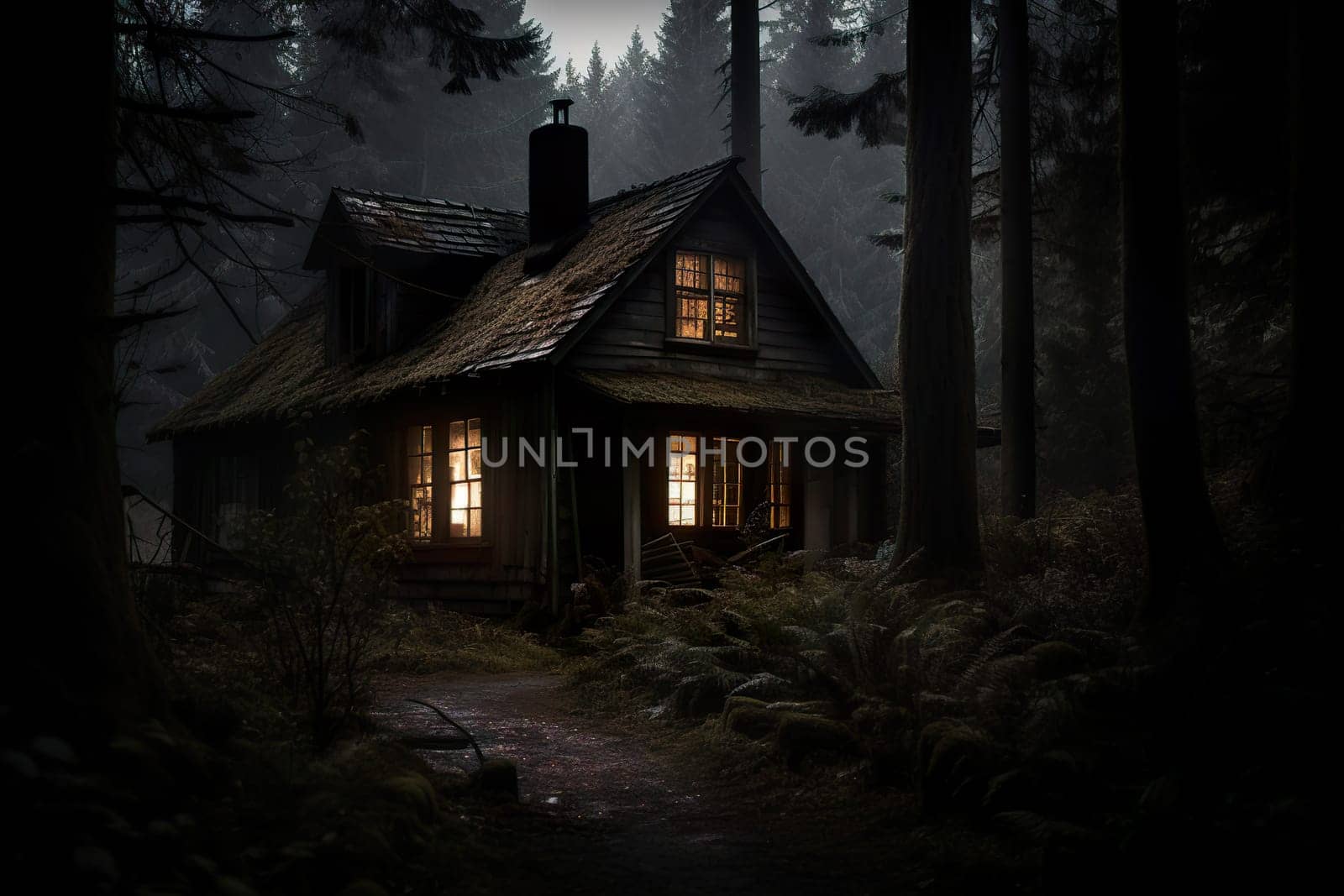 Woodhouse in the woods at night by banate