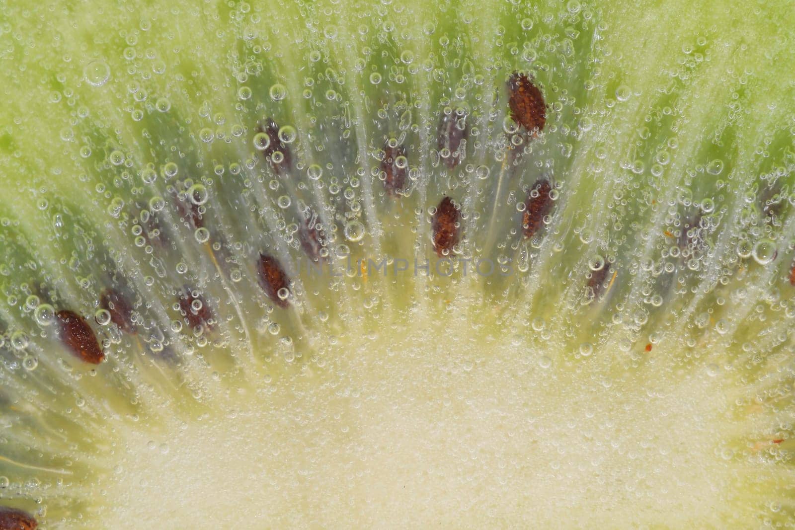 Slice of ripe kiwi fruit in water. Close-up of kiwi fruit in liquid with bubbles. Slice of ripe kiwi in sparkling water. Macro image of fruit in carbonated water