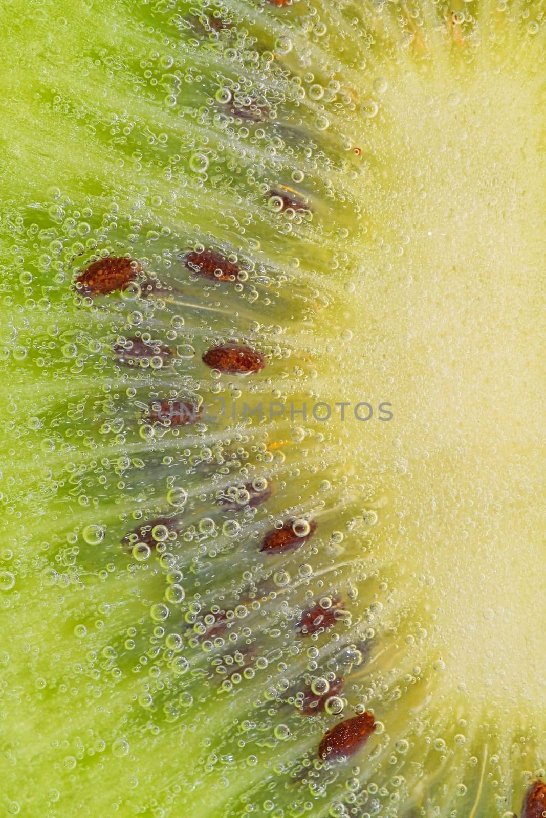 Close-up of a kiwi fruit slice in liquid with bubbles. Slice of ripe kiwi fruit in water. Close-up of fresh kiwi slice covered by bubbles. Macro vertical image