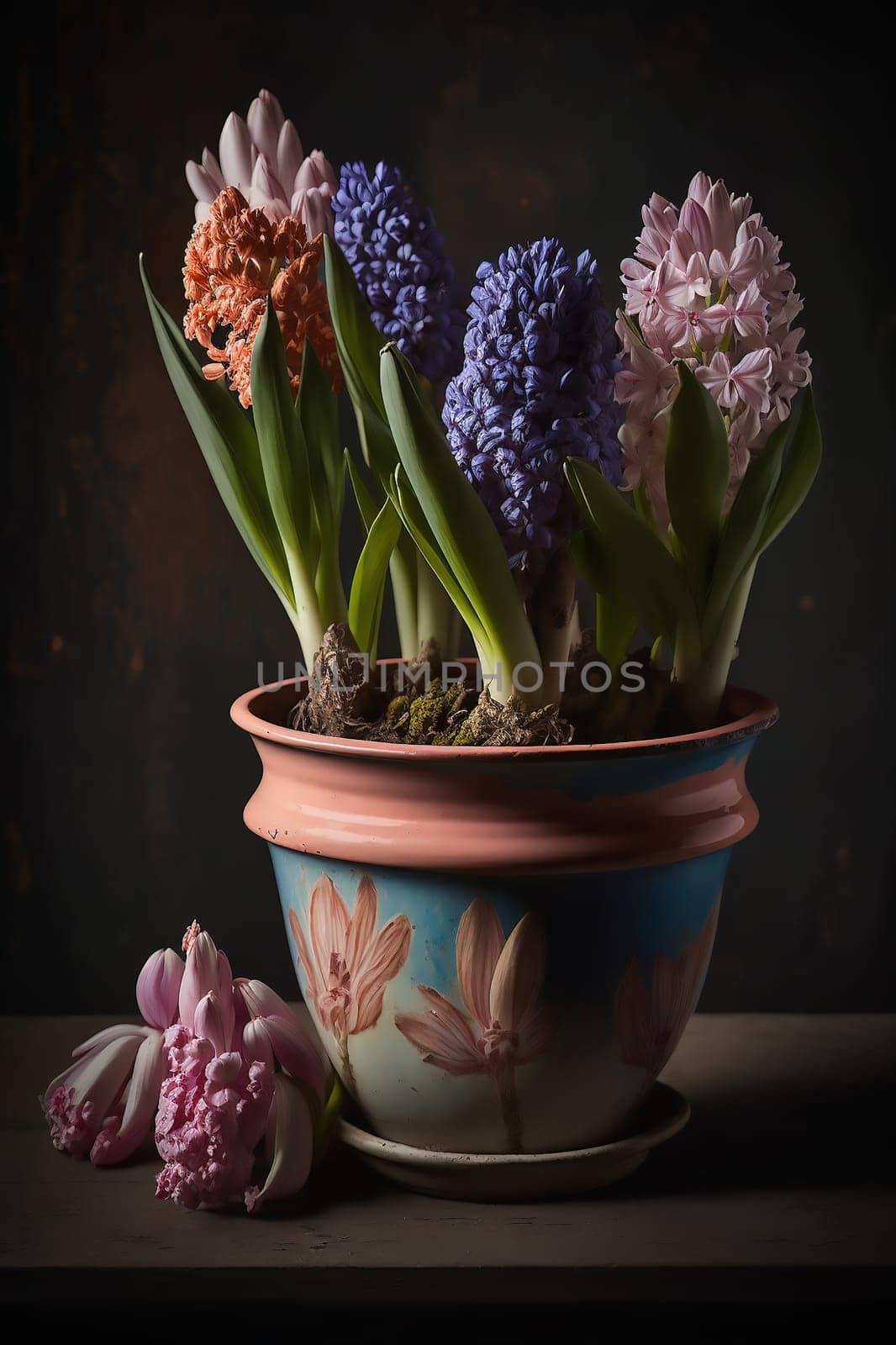 A variety of flowering hyacinths stand in a brown ceramic pot on the wooden table, on dark background. Vertical. Ai generative. Close up
