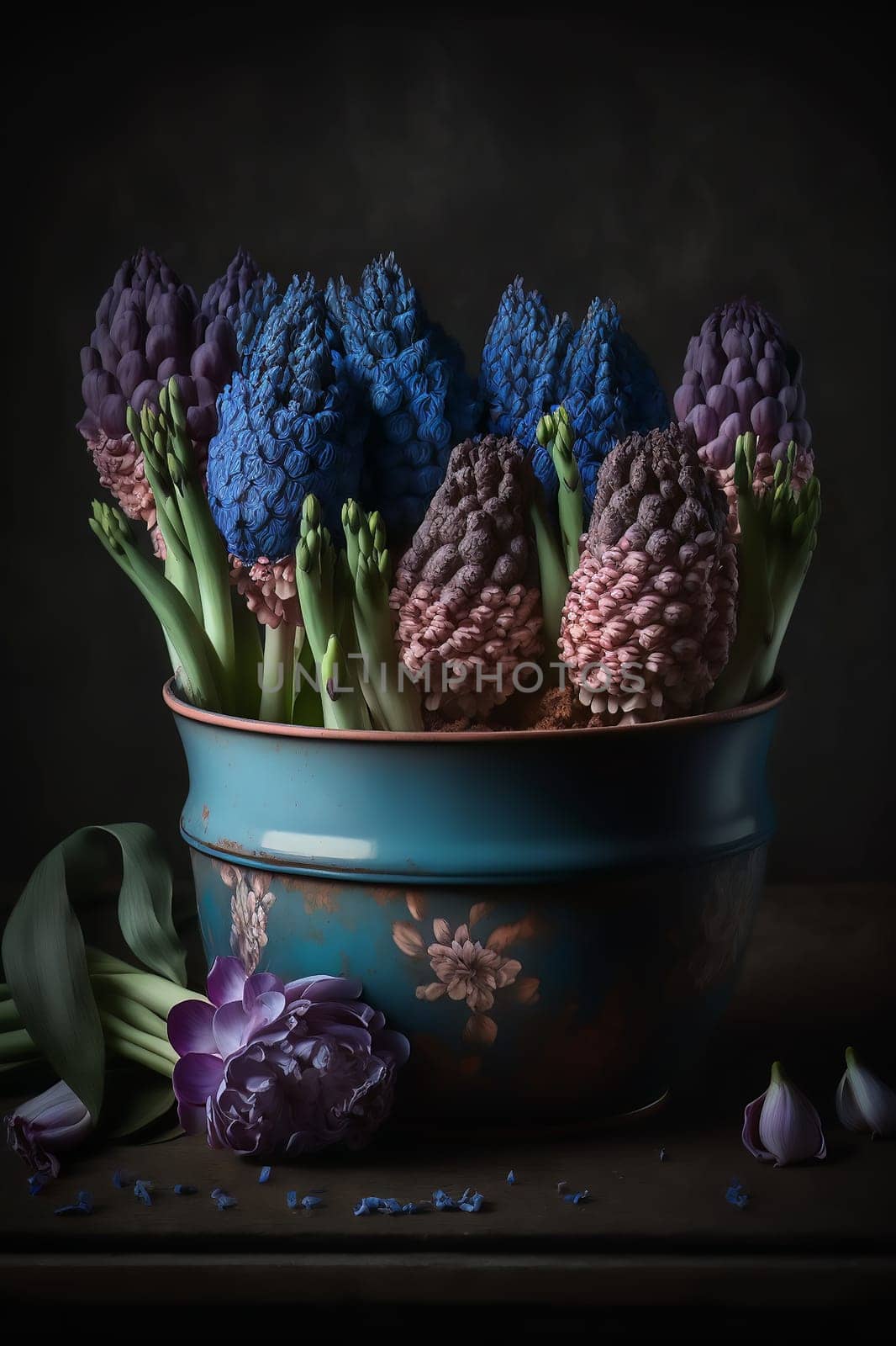 Several multicolored flowering hyacinths stand in an old ceramic pot on the wooden table, on dark background. Vertical. Ai generative. Close up