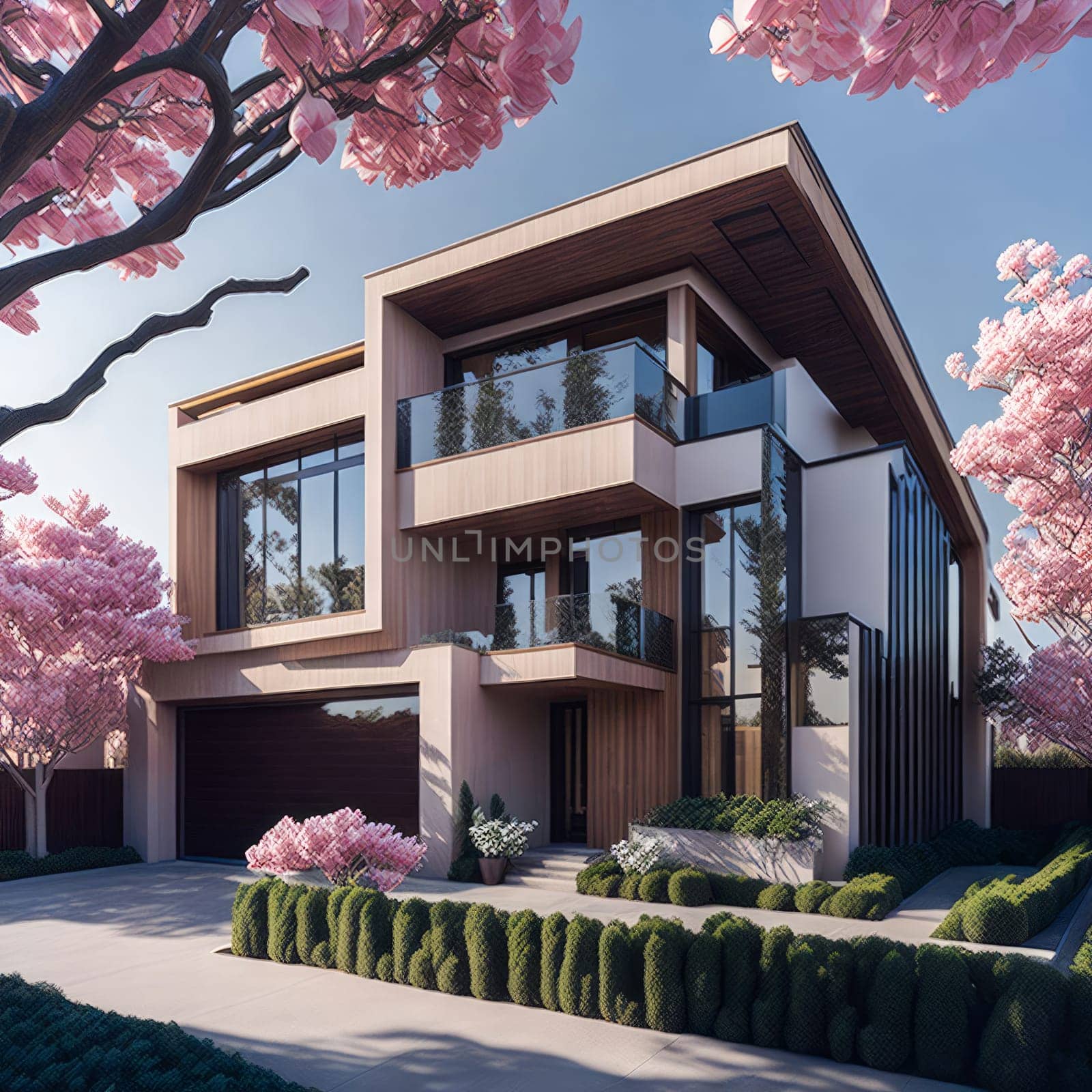 Newly constructed contemporary home under bright sky with cherry trees. Ultra modern, minimalistic, stylish house in brown. A close up of a brand new structure. Generative Ai