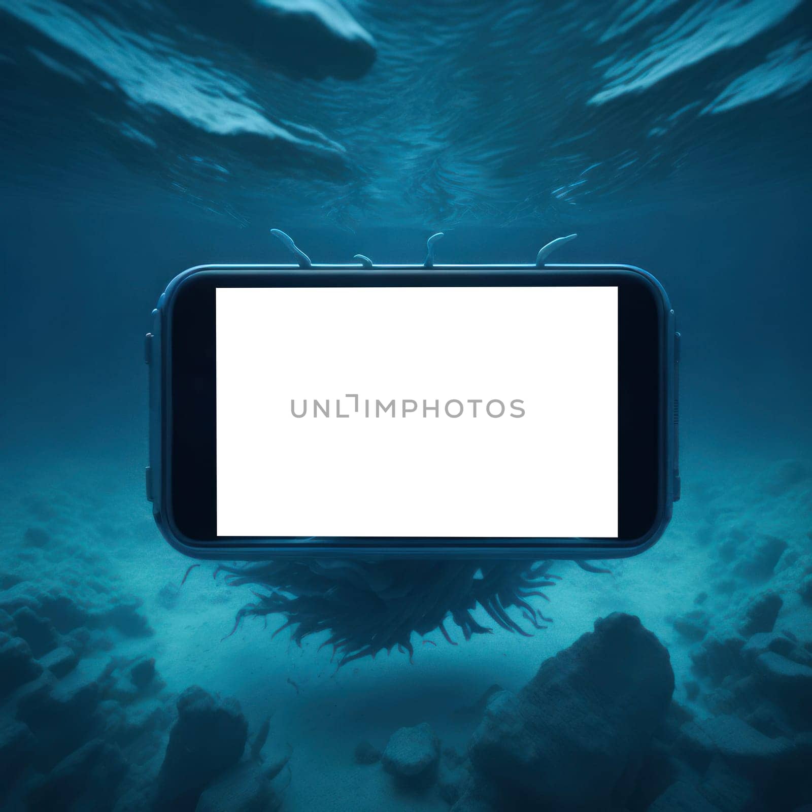 Realistic smartphone under water in ocean blank screen mockup on blue background. Mobile phone template. Space for text. Generative Ai by JuliaDorian