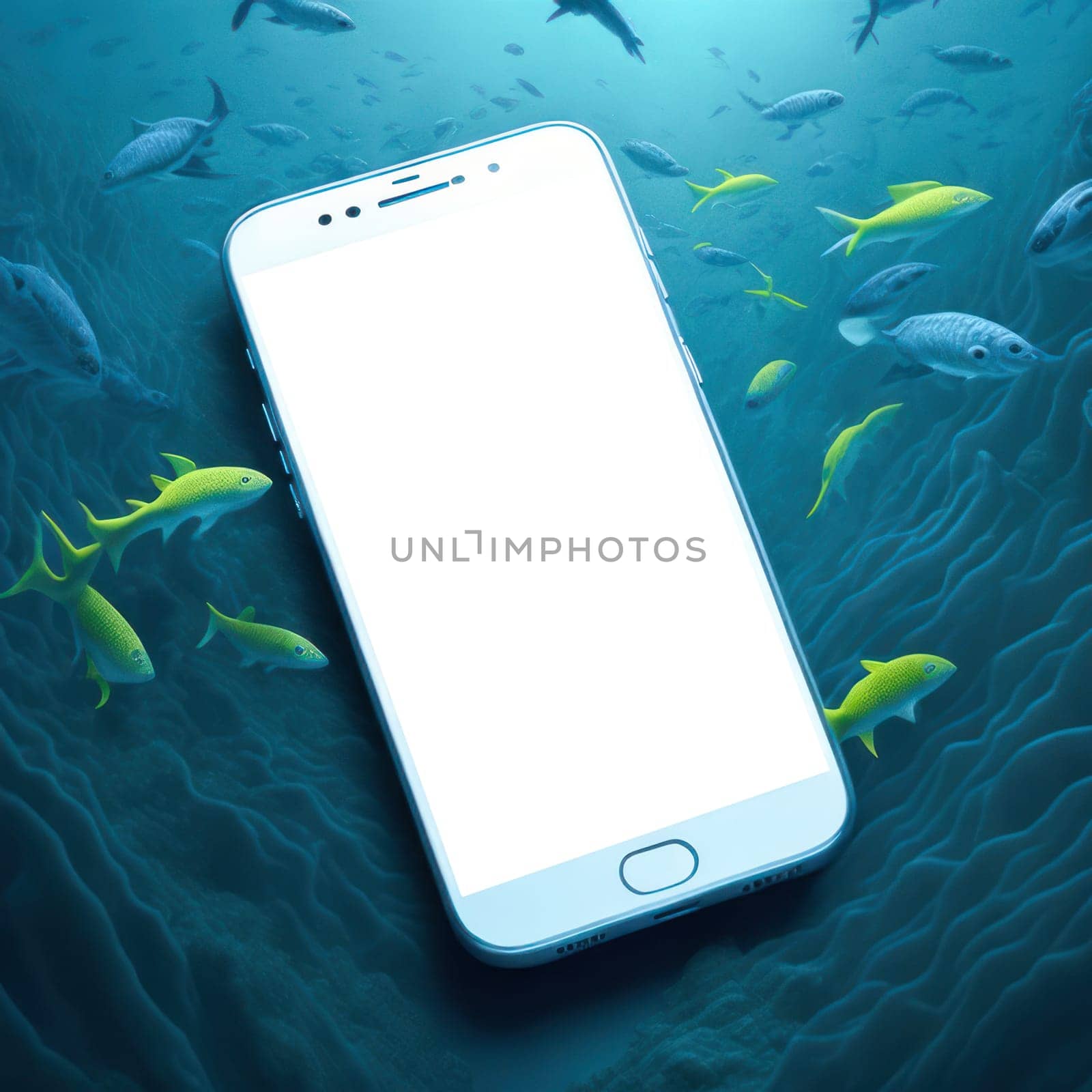 Realistic smartphone under water in ocean blank screen mockup on blue background with fish. Mobile phone template. Space for text. Generative Ai.