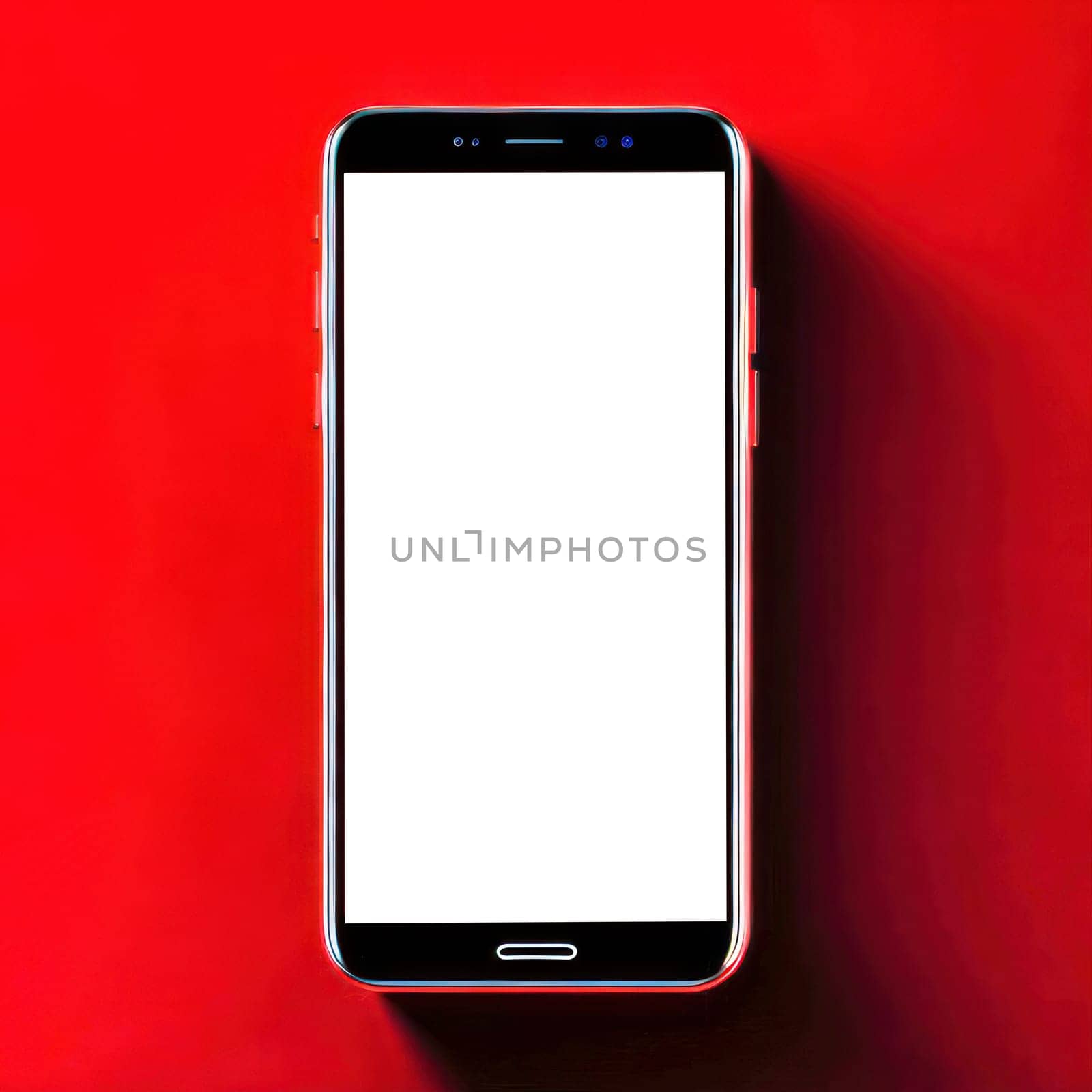 Realistic smartphone blank screen mockup on red background. Mobile phone template. Space for text. Generative Ai by JuliaDorian