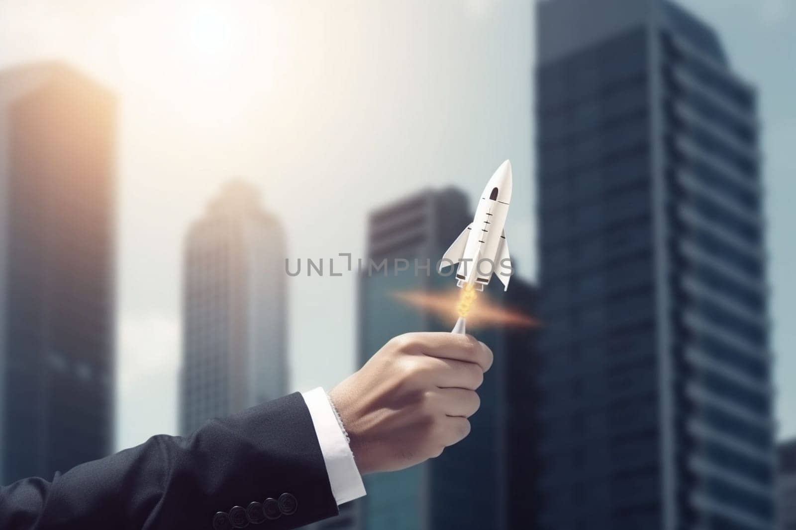 Male hand try to touch the rocket that startup. Business. startup rocket concept in surounding with high business buildings from the hand of businessman. Closeup of a mans hand that startet new succsess business, new strategie of the future, innovation. High quality image