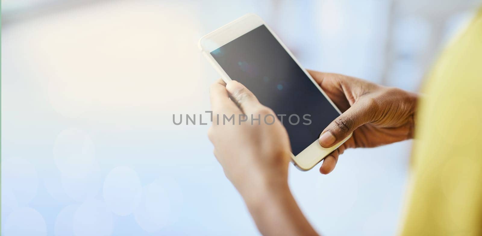 Hands, phone and screen on mockup for advertising, marketing or mobile app in communication or networking. Hand of person holding smartphone technology with display for advertisement or branding logo by YuriArcurs