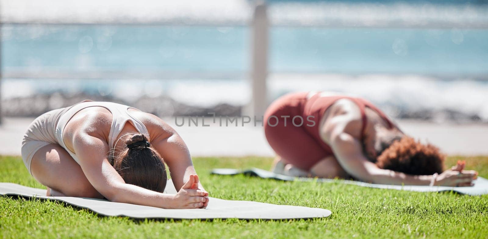 Woman, yoga friends and stretching on grass for wellness, strong legs and body in morning sunshine by sea. Women teamwork, fitness and workout by ocean with support, focus and mindfulness in summer.