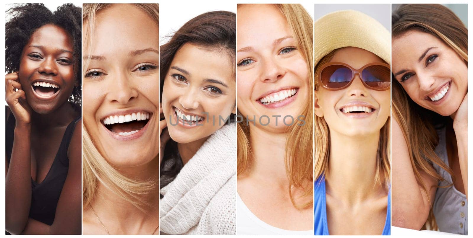 Woman, collage and face, diversity with smile for international and different race. Portrait, global female and banner with skincare for natural beauty are together with happiness around the world. by YuriArcurs