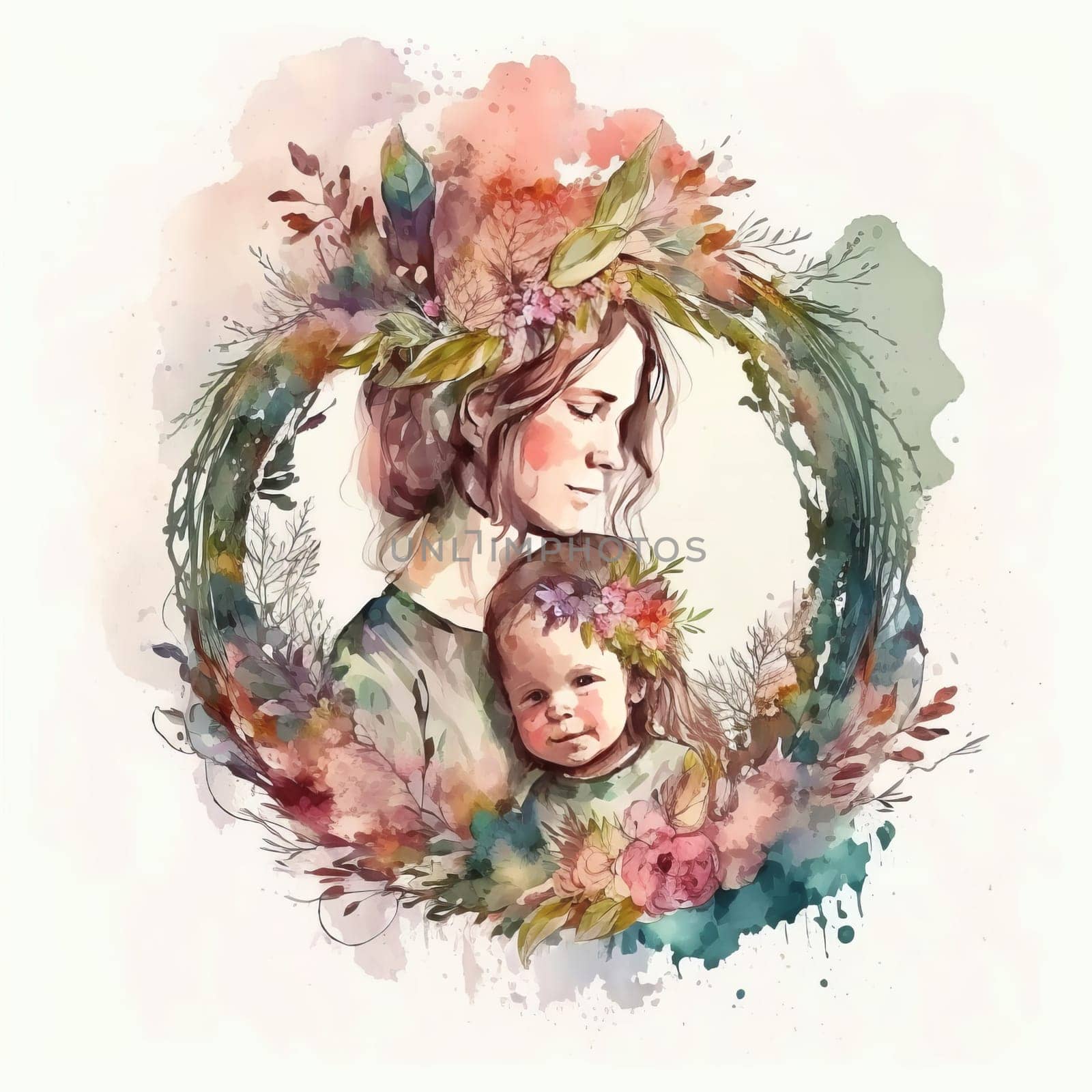 Floral watercolor illustration of mother hugging her baby, women day, happy childhood, mother's day, copy space. Concept mothers love, relationships between mother and child. Generative ai by JuliaDorian