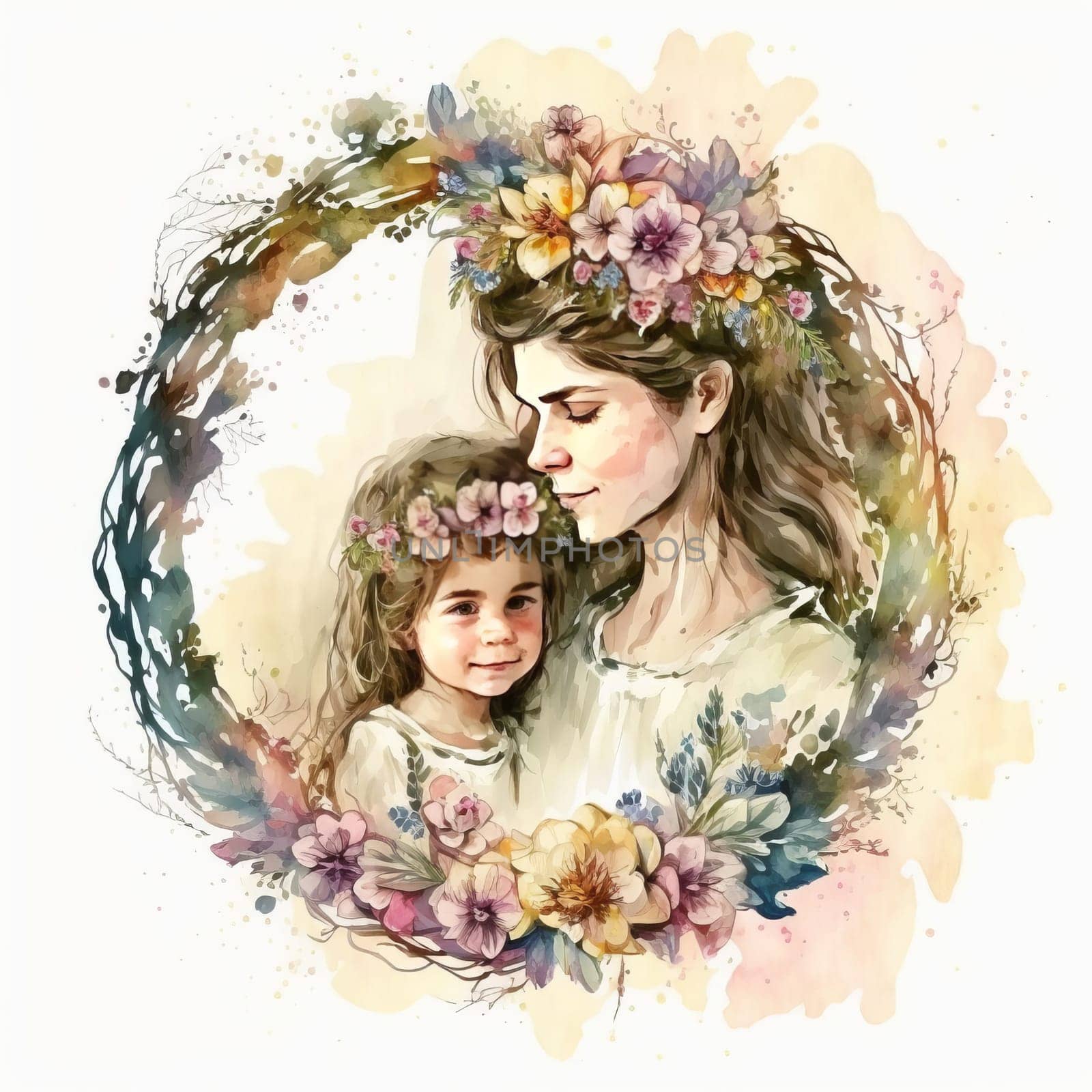 Floral watercolor illustration of mother hugging her baby, women day, happy childhood, mother's day, copy space. Concept mothers love, relationships between mother and child. Generative ai.