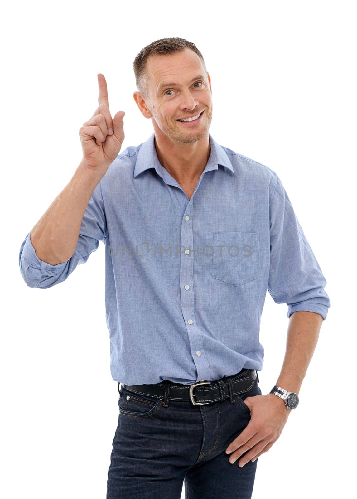 Question, hand and portrait of a man pointing for communication isolated on a white background. Happy, curious and businessman with a gesture for a vote, answer or volunteering on a backdrop by YuriArcurs