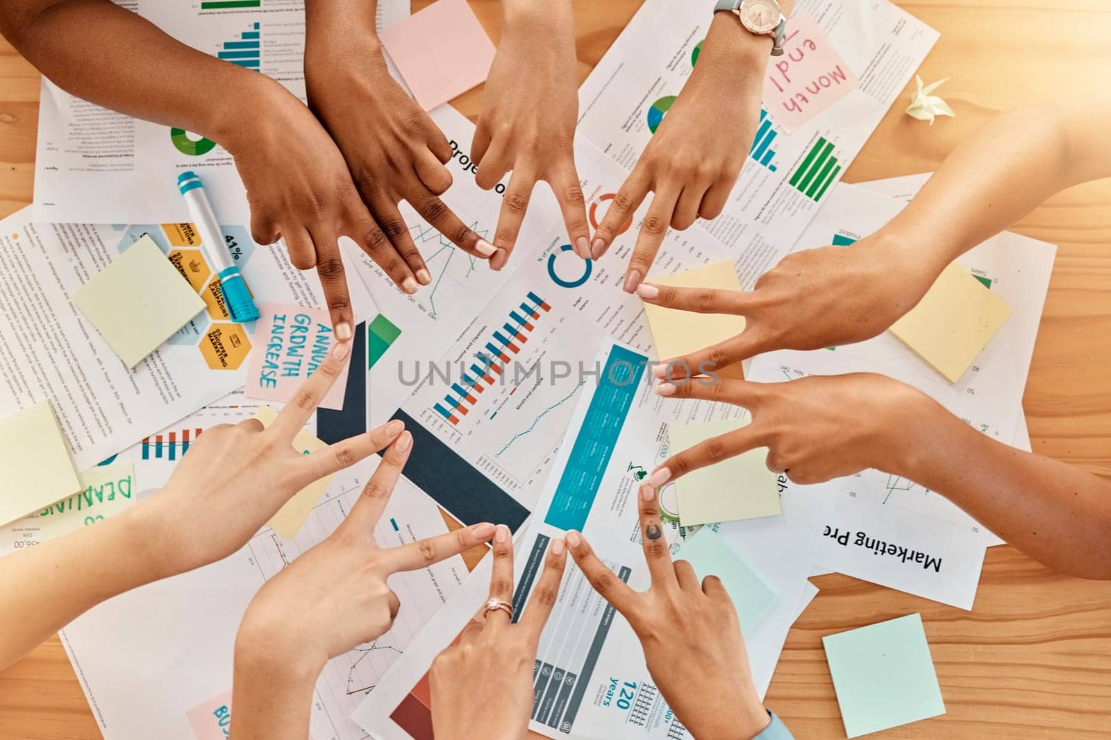 Victory fingers in a circle, marketing collaboration and teambuilding at a creative advertising company. Employee solidarity, peace hands together and business staff with support, trust and teamwork.