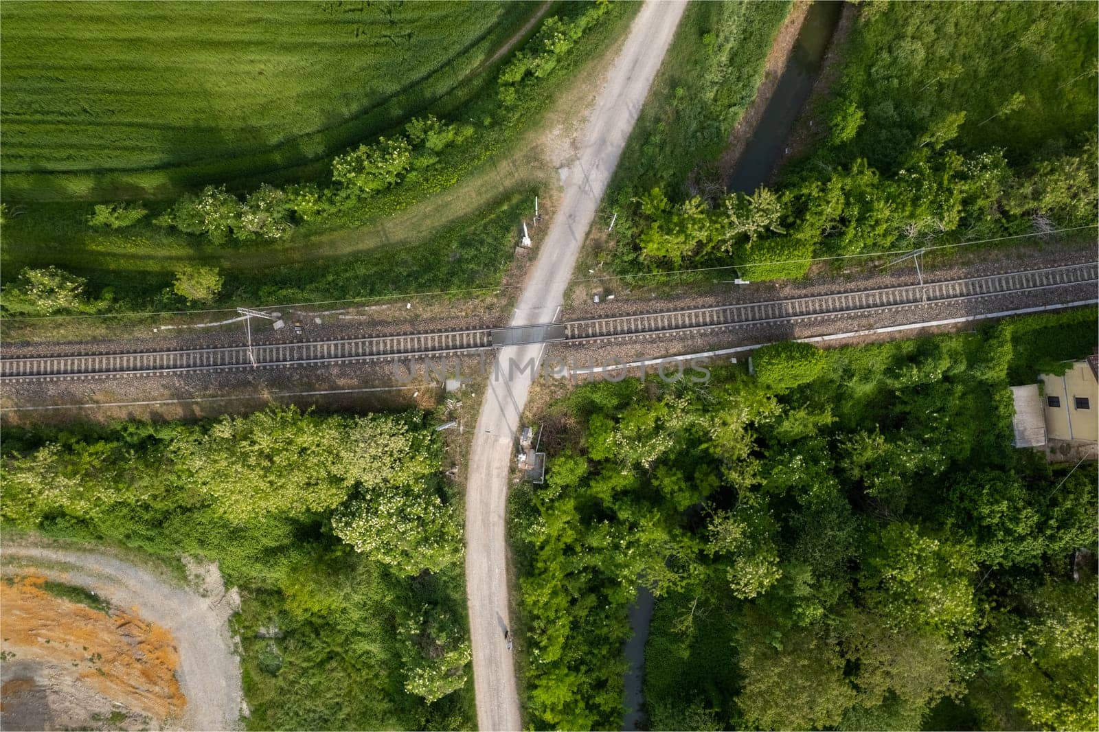 Flying over railway tracks, top view. Railway track tracks line railroad train rail aerial photo panoramic view travel