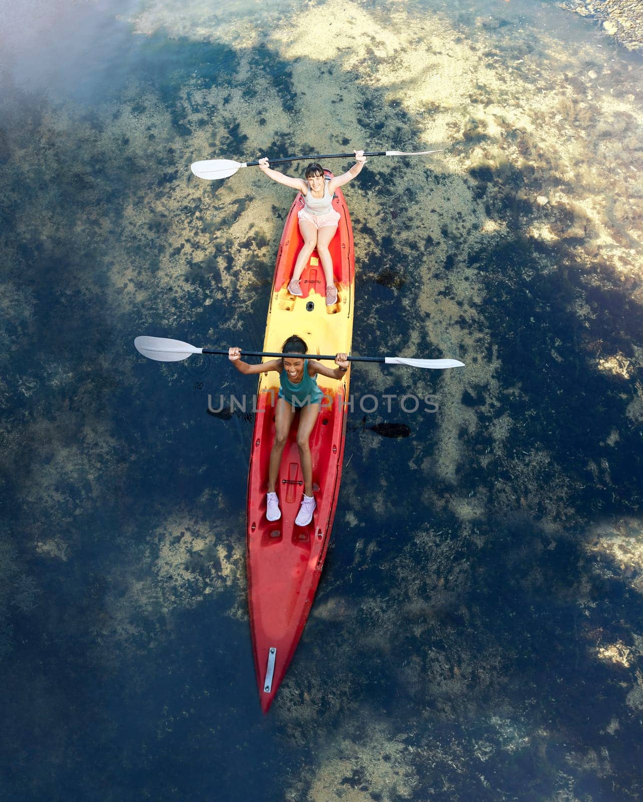 Friends kayak adventure, success and sport teamwork travel together outdoors. Happy women celebrate, cheering and winner paddle on vacation, river holiday or summer happiness break aerial view by YuriArcurs