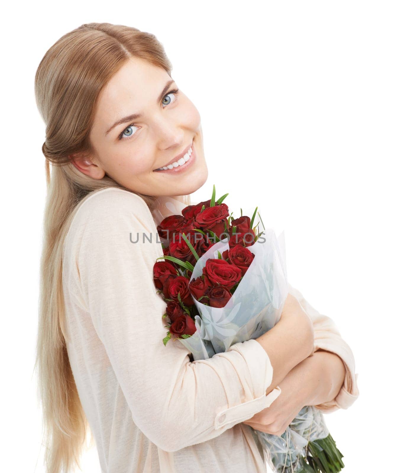 Woman hug roses, smile in portrait with gift for Valentines day, love and nature isolated on white background. Happiness, romance and female with red bouquet, holiday celebration and happy in studio.