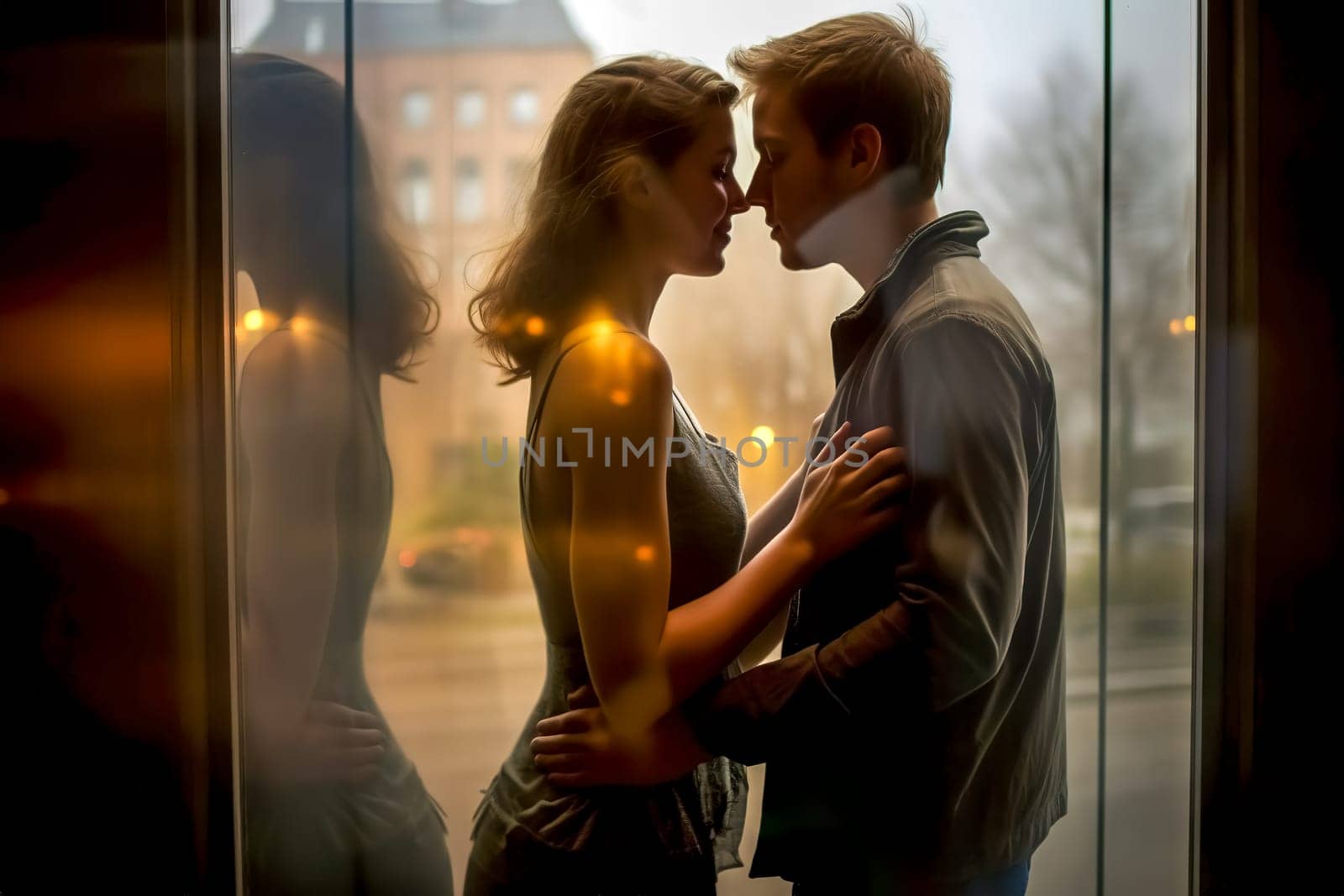 loving couple at the window in the building at sunset, photorealistic, made with Generative AI by Edophoto