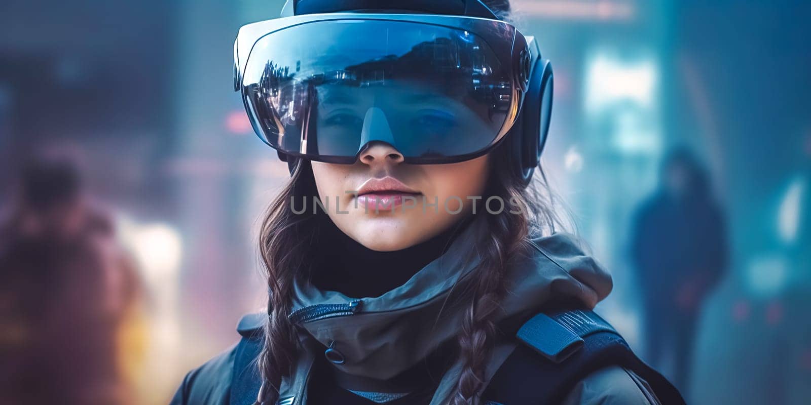 woman in futuristic helmet on city street, made with Generative AI by Edophoto
