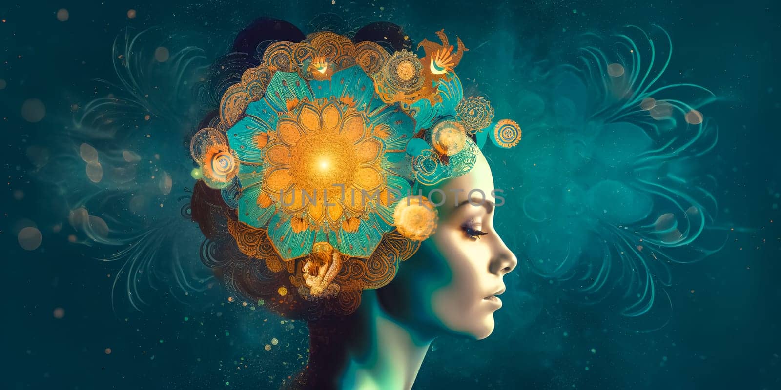 intuitive vision, brain and cosmic energy, people and chakras, banner and background, made with Generative AI by Edophoto