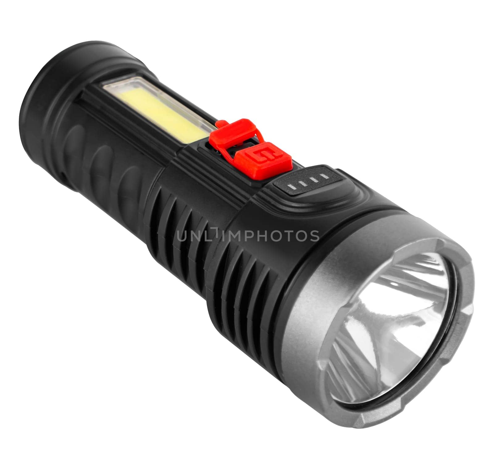 Hand-held LED flashlight white background in insulation