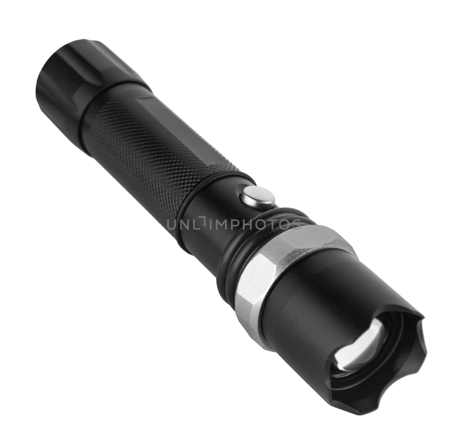 Hand-held LED flashlight white background in insulation