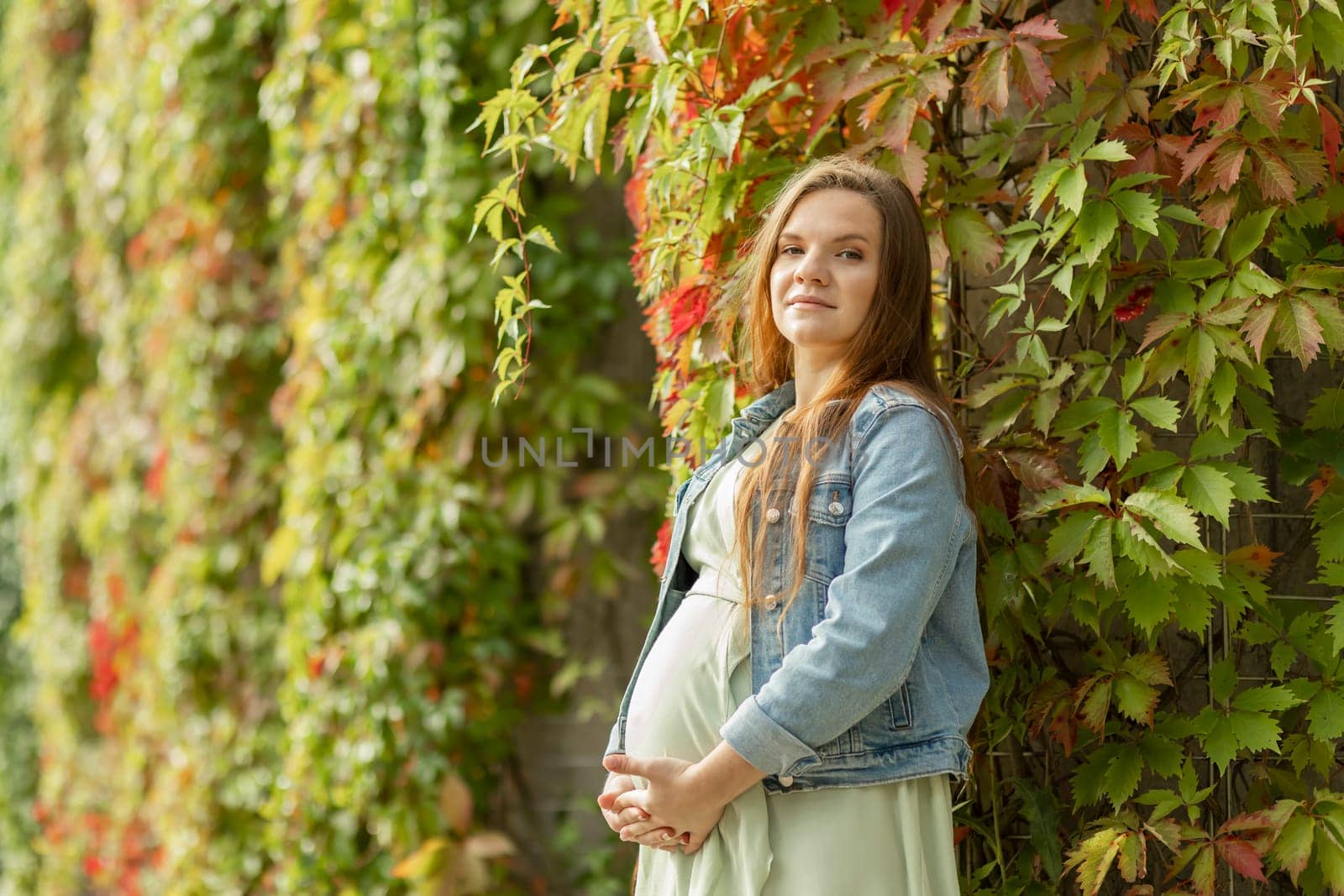 White pretty pregnant woman stand near green overgrown liana wall, looks at camera,healthy female expectant wears dress, denim. Baby shower, babybirth preparation concept. Copy space. Horizontal plane