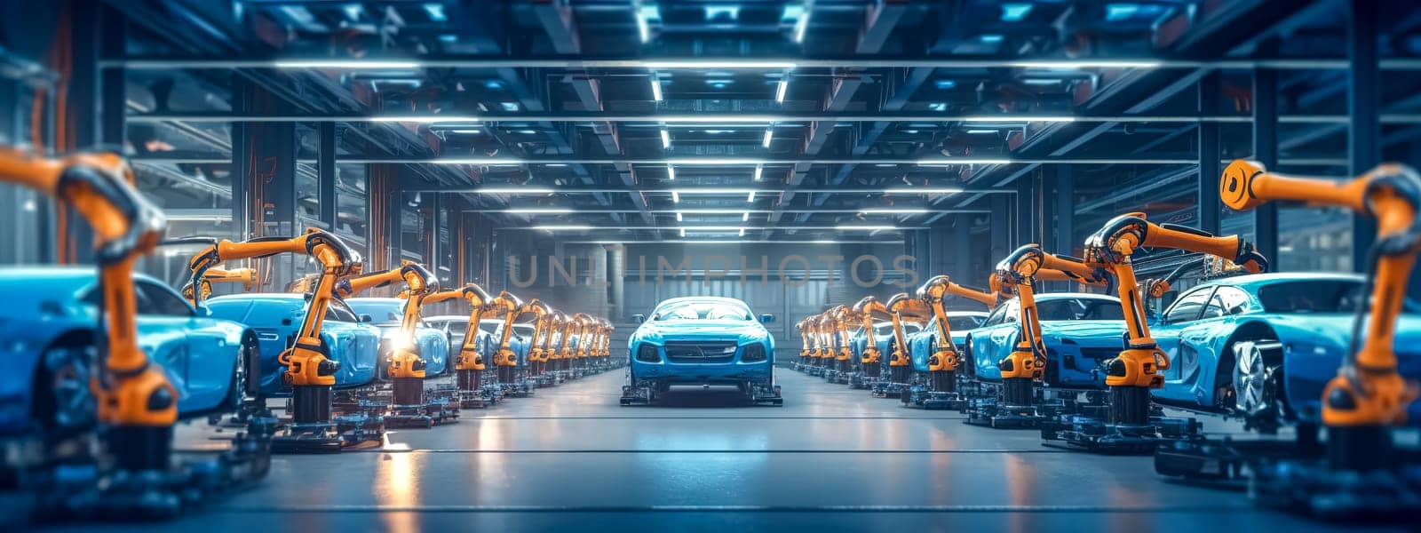 robotic car production line, photorealistic banner with copy space, wallpaper, made with Generative AI. High quality illustration