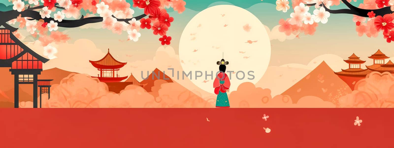 Japanese culture, geisha, banner with copy space, made with Generative AI by Edophoto