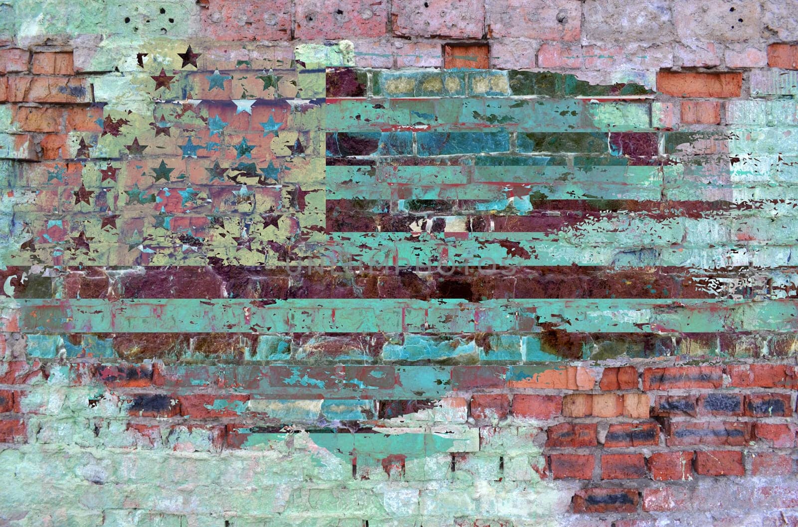 Grunge old American flag on brick wall. Illustration for 4th of july celebration by feoktistova