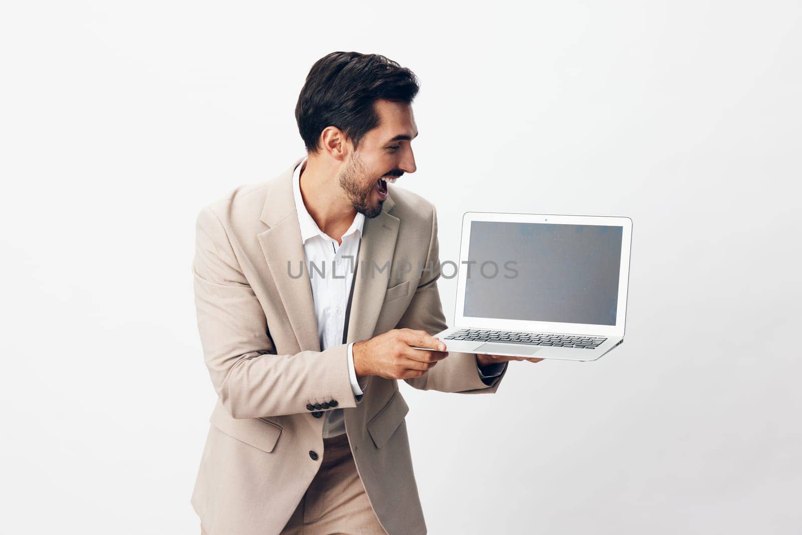 man smiling business suit internet freelancer laptop computer copyspace shirt job by SHOTPRIME