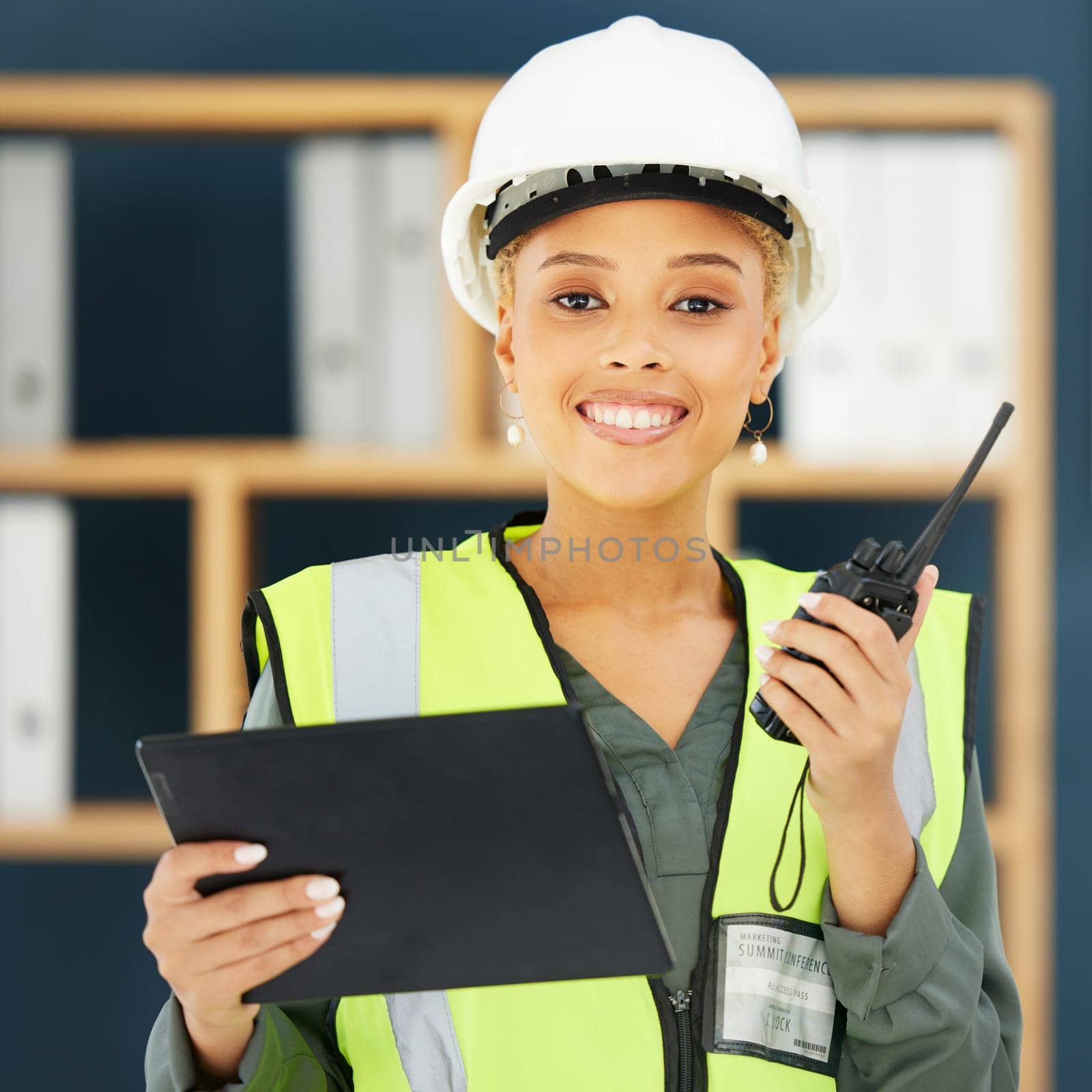 Construction, walkie talkie and portrait of black woman with tablet for engineering, building and architecture. Leadership, vision and female construction worker with digital tech for communication.