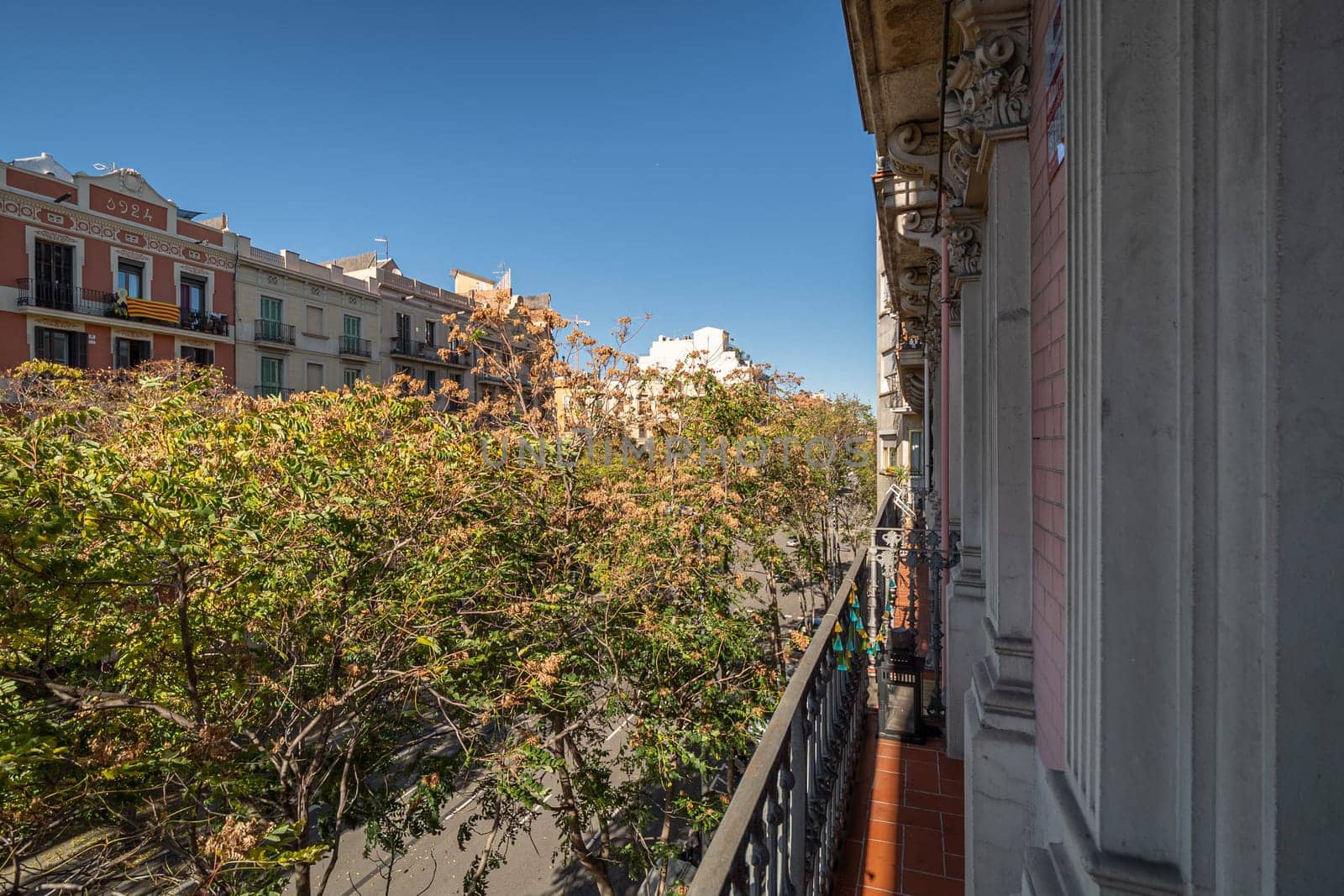 View from balcony of street of Barcelona in Eixample district on sunny summer day in Spain by apavlin