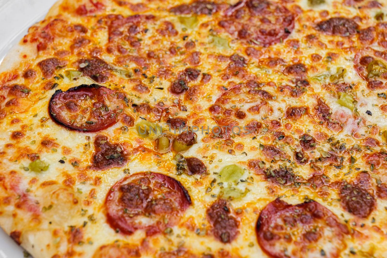 Close-up of pizza topped with salami, cheese and oregano