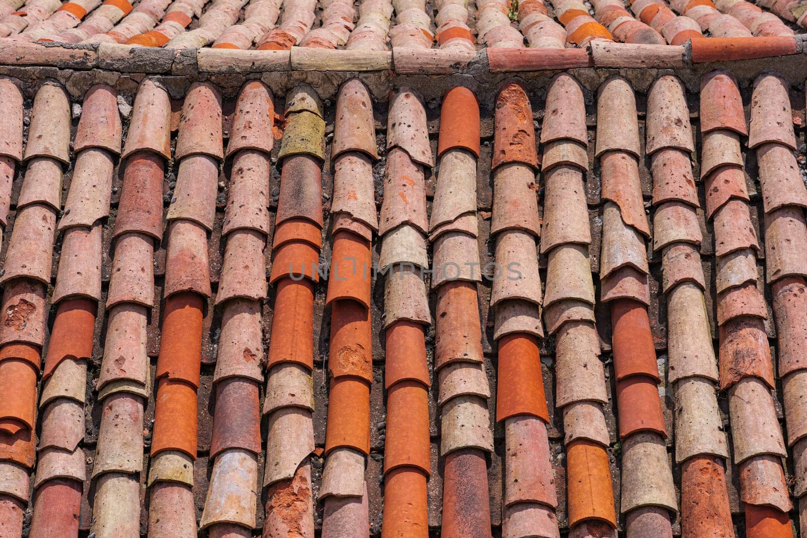 Ancient roof of a house with terracotta tiles in a village.