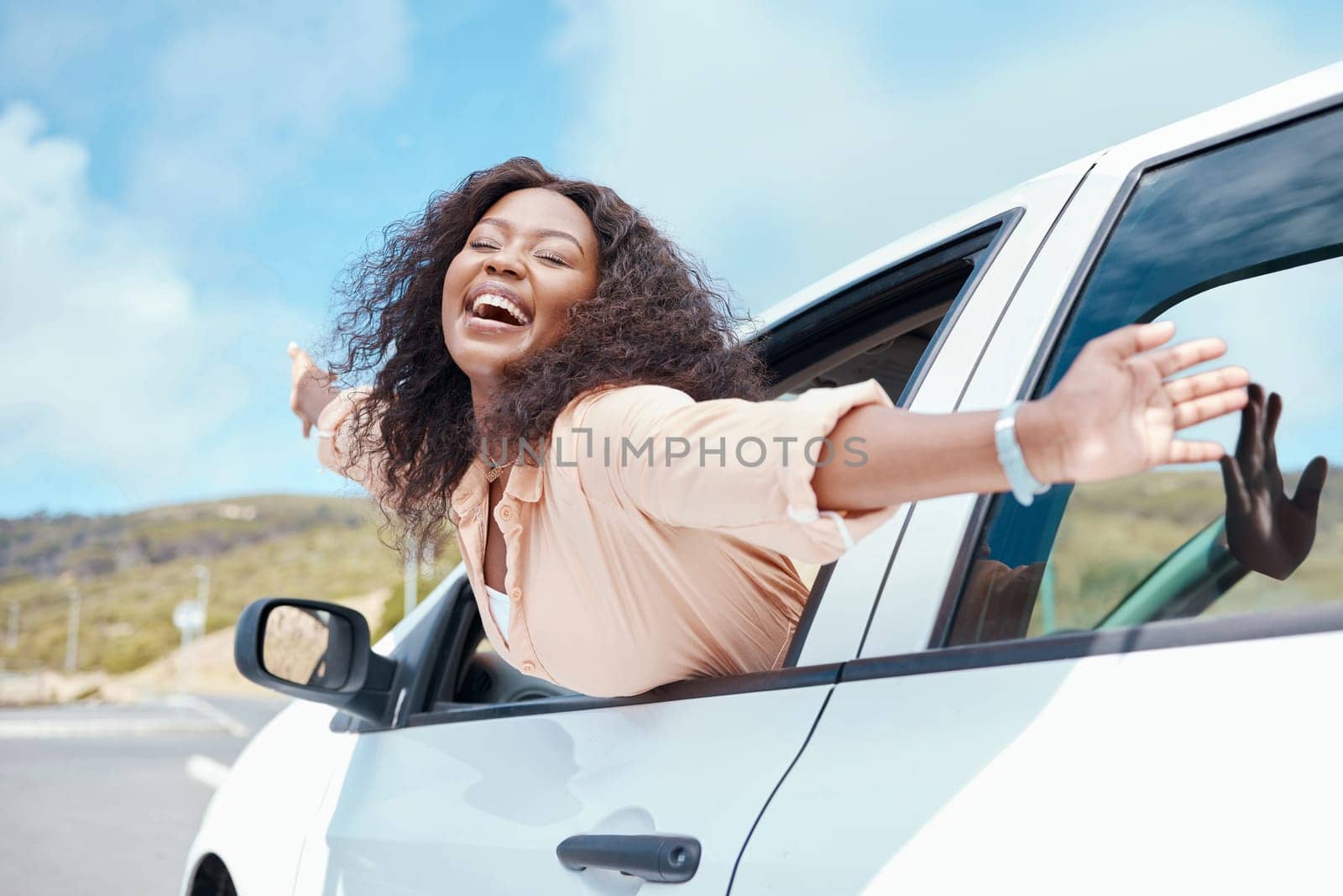 Freedom, travel and black woman in window of car for summer, relax and happy in road of countryside adventure. Journey, holiday and transportation with girl passenger on outdoor vacation road trip.