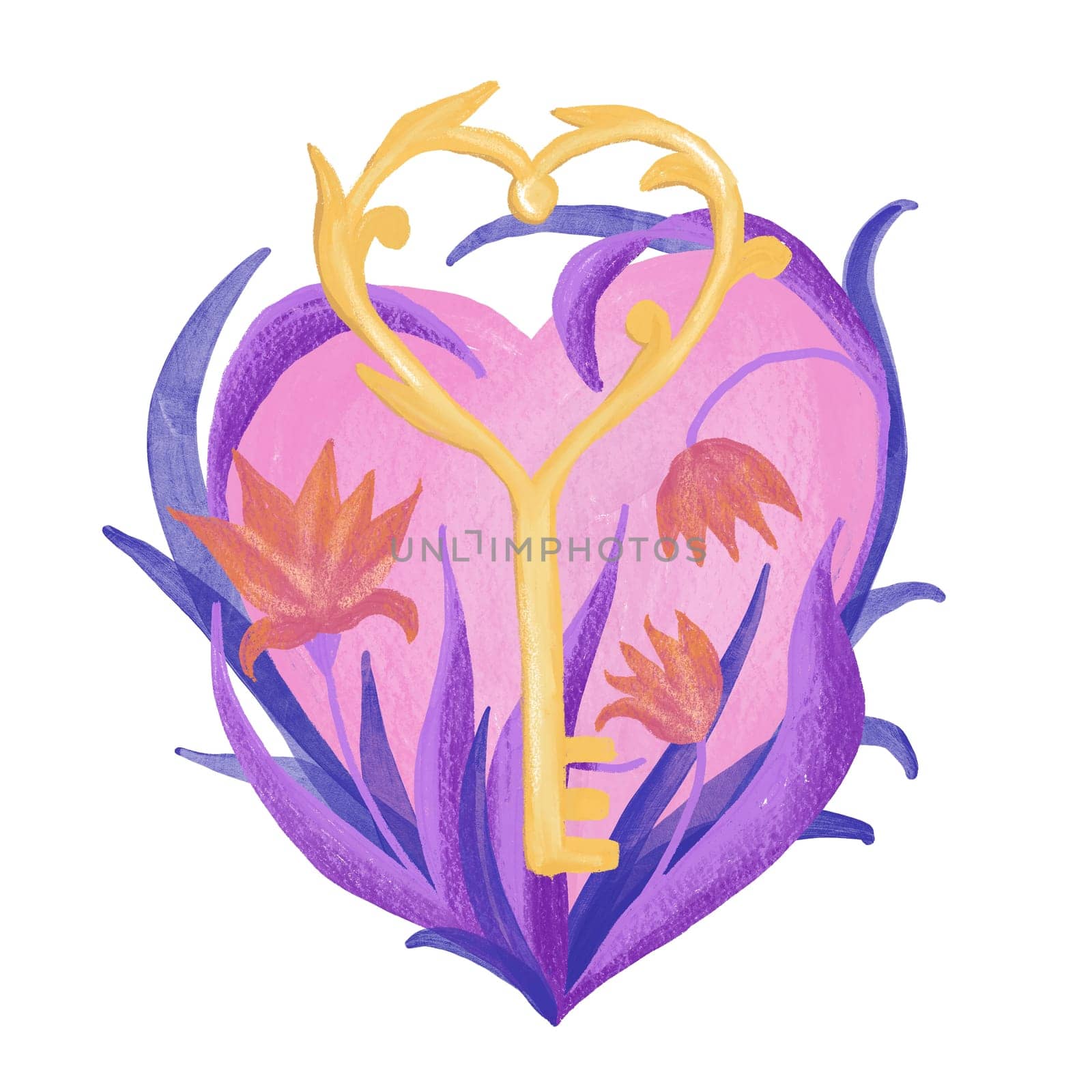 Hand drawn illustration of holden key, pink heart purple leaves orange flowers, St valentine day card, fall in love concept, cute pastel drawing, floral composition marriage wedding, isolated on white, romantic romance