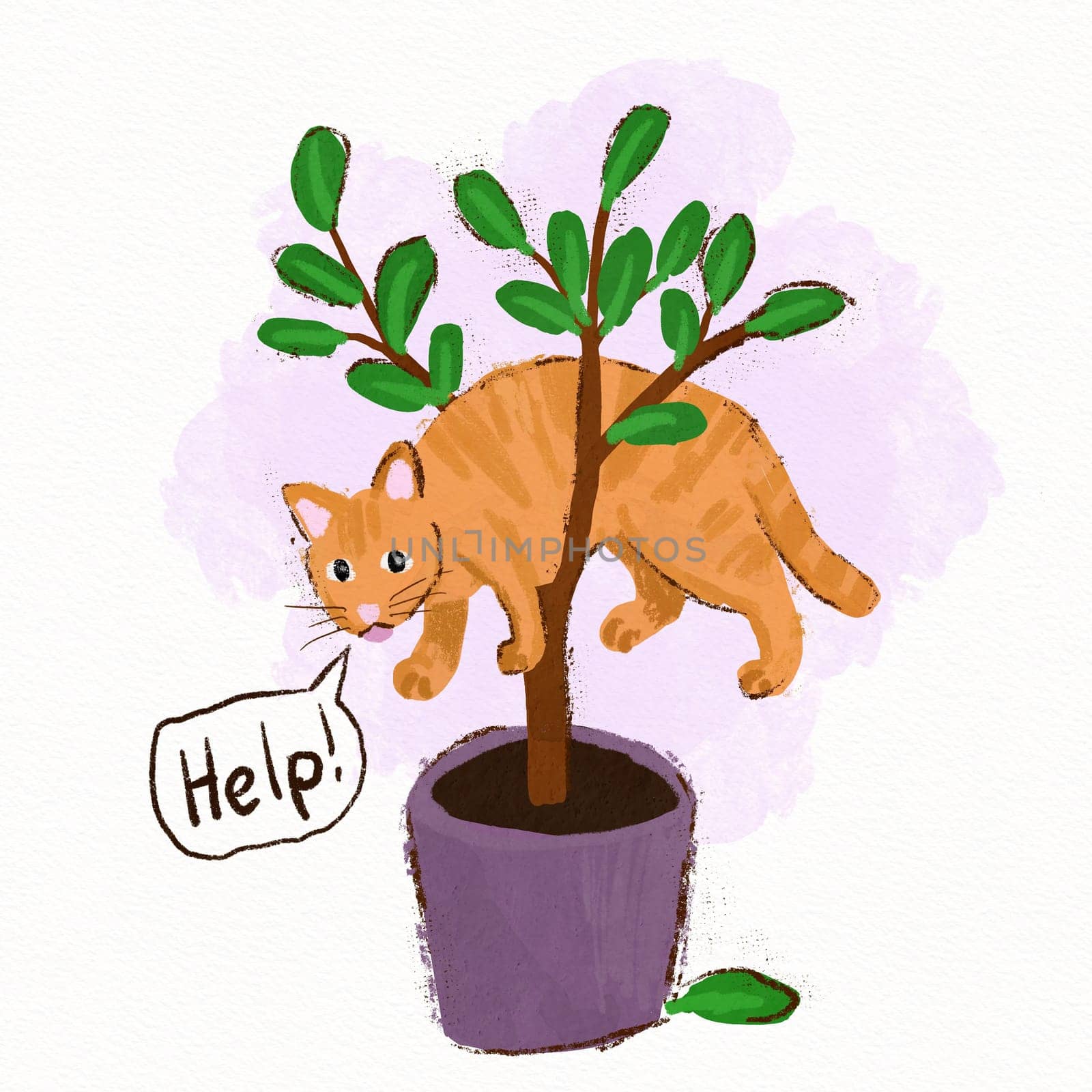 Hand drawn illsutration with red cat stuck flowers ficus houseplant, help mischief funny. Home animal feline pet cute design poster card, trendy art in loose painterly style, gift for cat lovers cat. by Lagmar