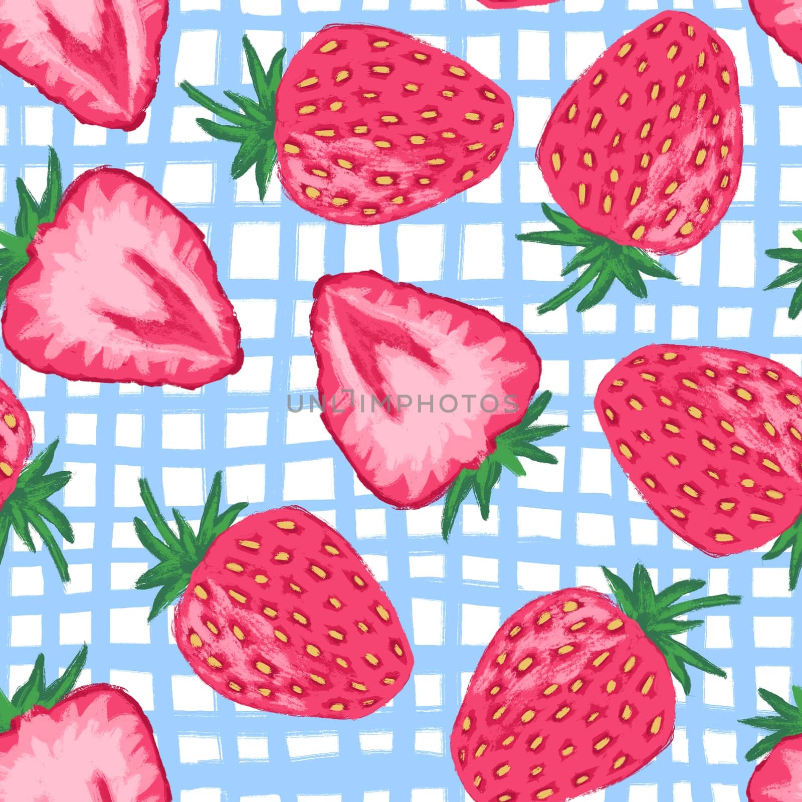Hand drawn seamless pattern with pink strawberry on blue white tartan plaid. Summer picnic food fruit berry print, fresh food strawberries green leaves, cut in halves, bright coloful spring design. by Lagmar