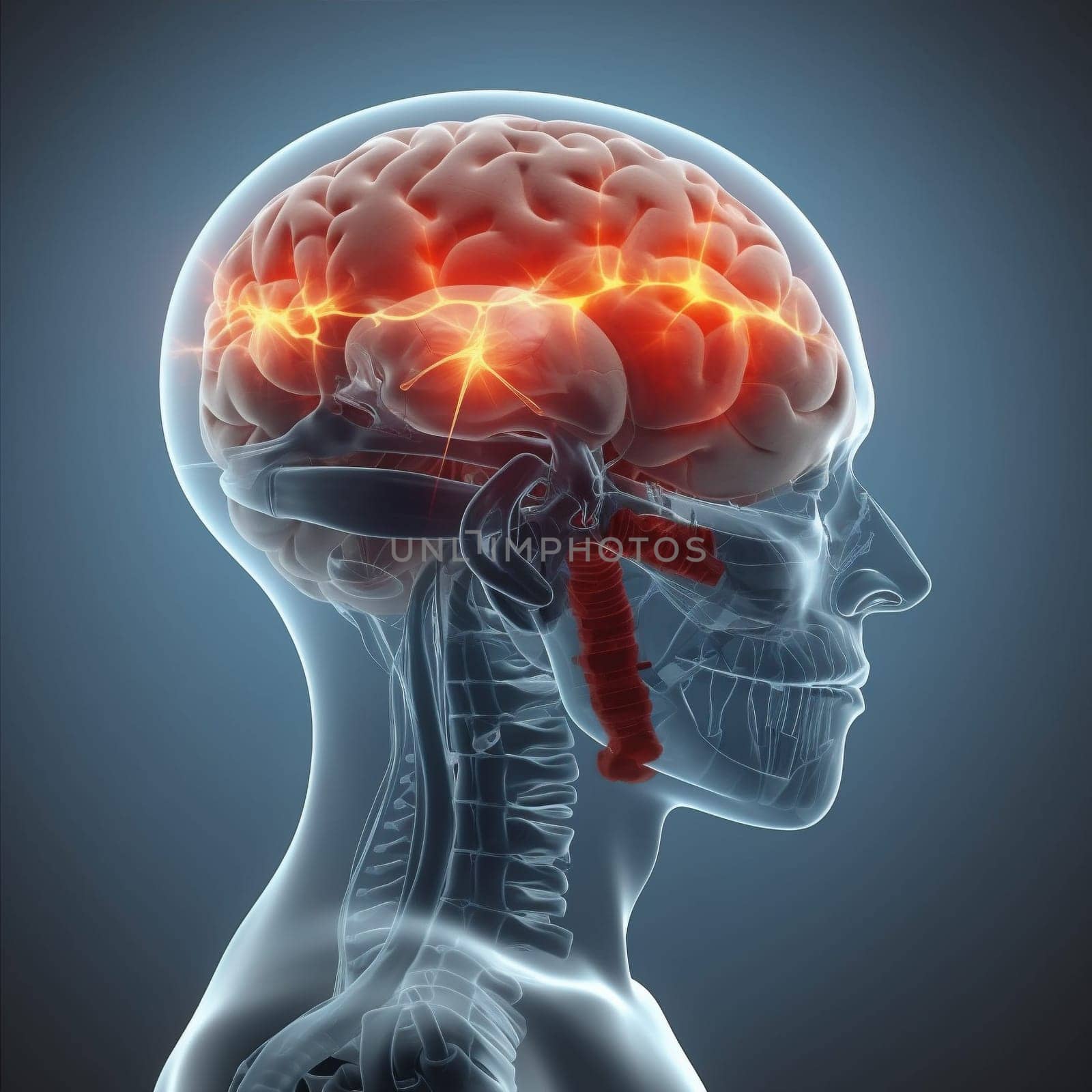 medicine pain head x-ray red brain blue headache anatomy medical. Generative AI. by SHOTPRIME