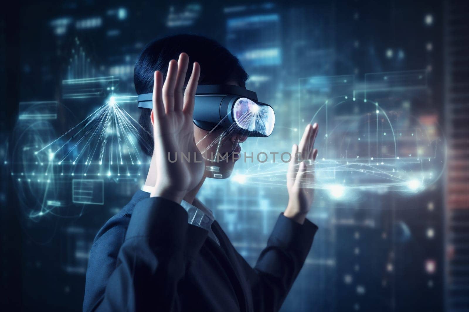 woman goggles game future digital modern glasses technology concept vr hologram headset innovation network virtual futuristic line cyber screen business tech. Generative AI.