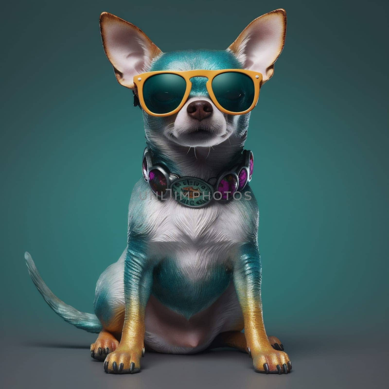 pet dog chihuahua background yellow cute portrait glasses doggy puppy animal. Generative AI. by SHOTPRIME